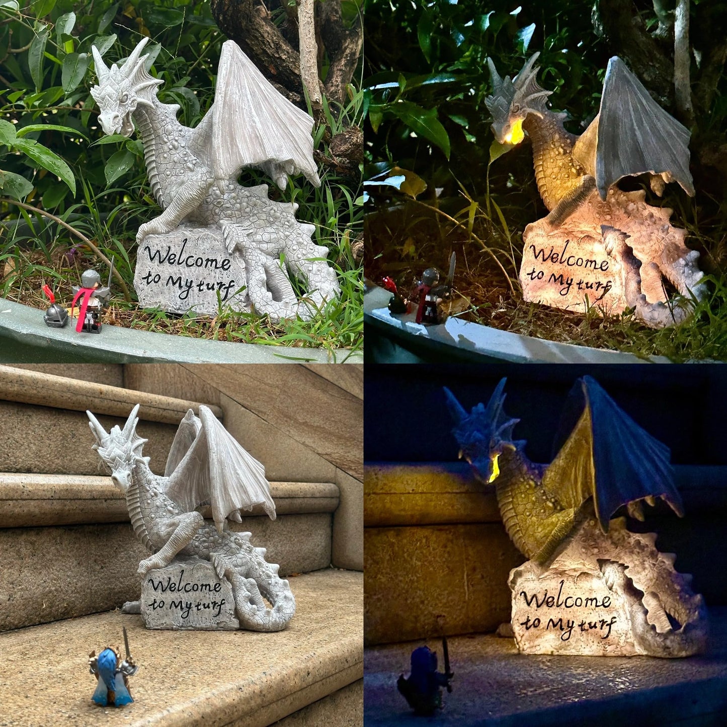 Jy.Cozy Garden Large Dragon Statue Solar Powered Outdoor Figurine Light The Dragonfire Welcome to My Turf Sign Big Resin Sculpture Home Decoration Housewarming Ornament Unique Gift