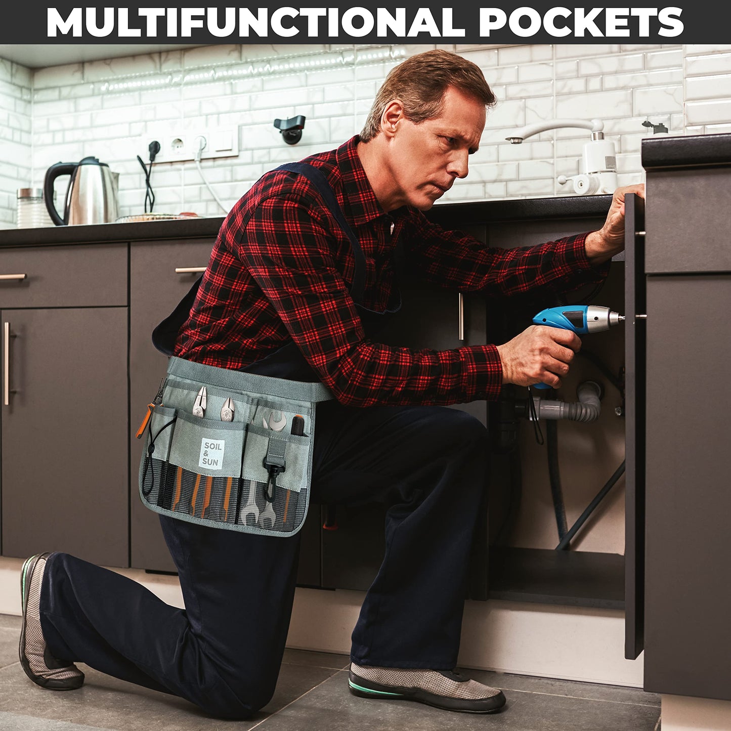 Soil & Sun Garden Tool Belt for Women, Tool Apron, Utility Belt Women, Teacher, Canvas Waist Apron with Pockets, Garden Aprons (Grey)