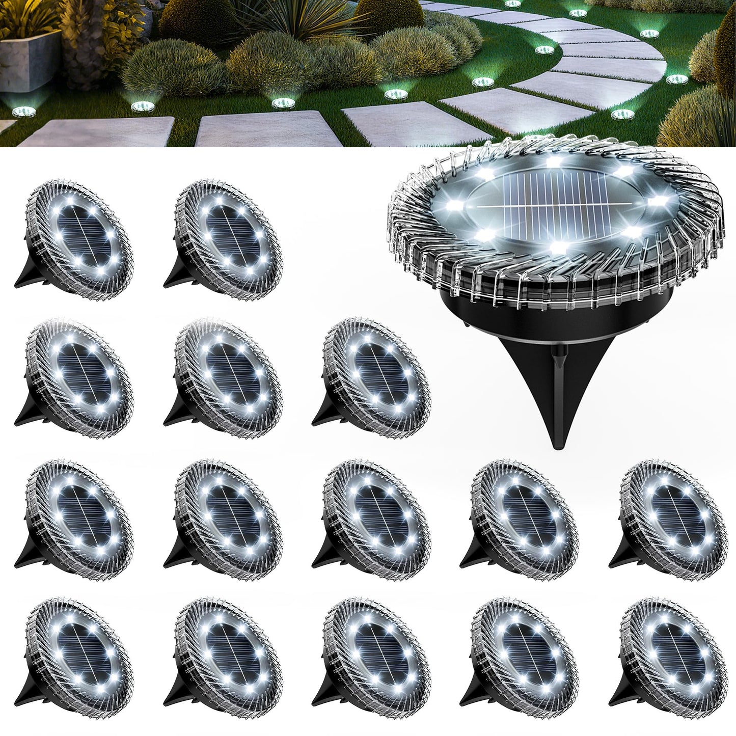 PATIOWIN 16 Pack Small Solar Ground Lights, Pathway Lights Waterproof, Outdoor Solar Light for Garden, Driveway, Walkway, Backyard (Cool White)