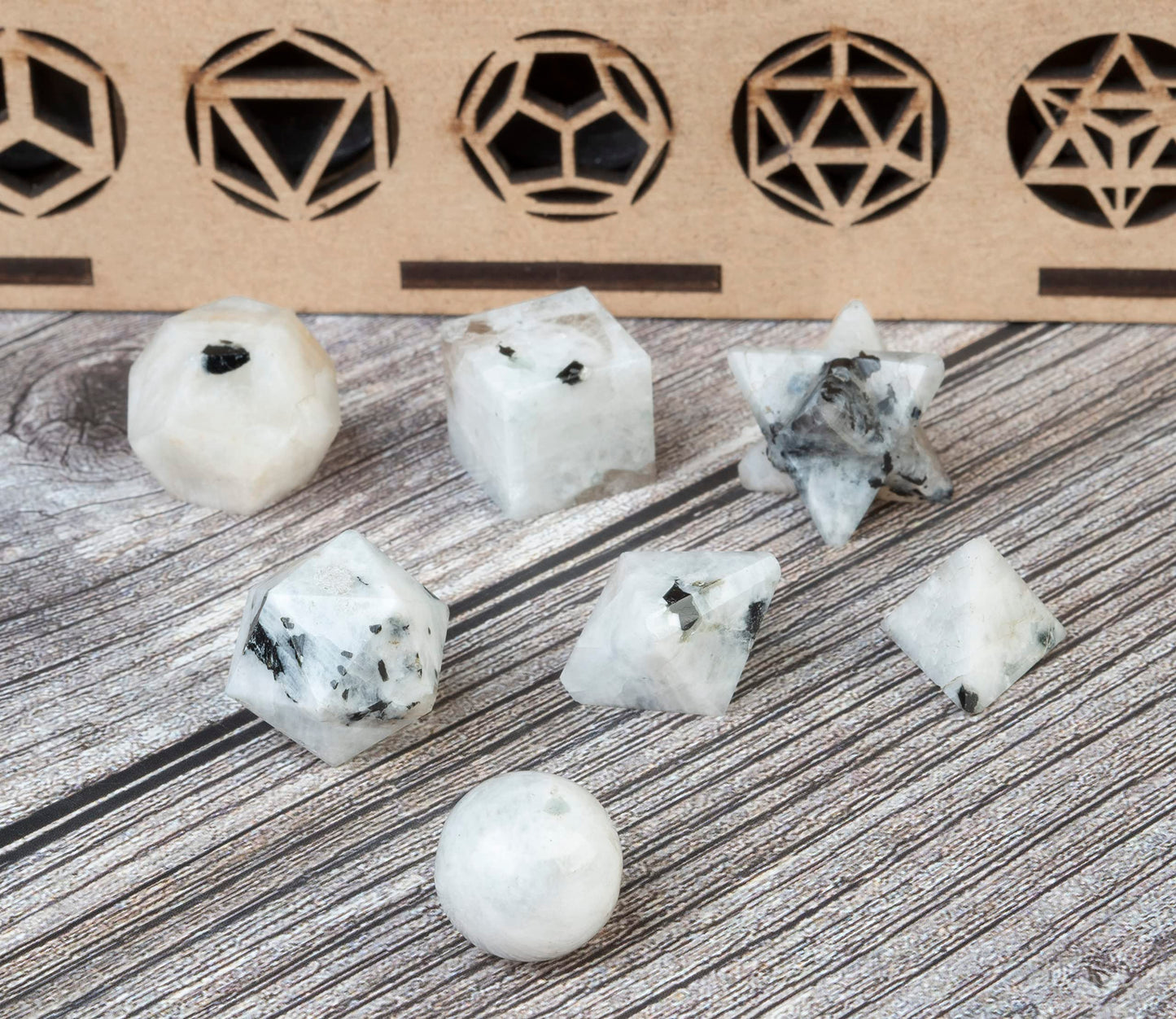 ZAICUS Rainbow Moonstone 7 Pcs Platonic Solids Crystal Geometry Set, Platonic Solids Sacred Geometric Stones for Meditation Healing Chakra Stone Cleansing Spiritual Good Luck (15-20 mm)