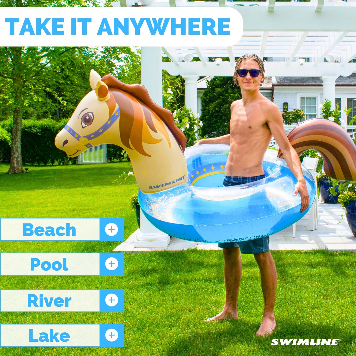 Swimline Glitter Hobby Horse Pool Ring – Inflatable Lounge Float with Fun Design for Adults & Teens – Durable Vinyl Ring for Pool, Lake, or Beach – Easy to Inflate and Store