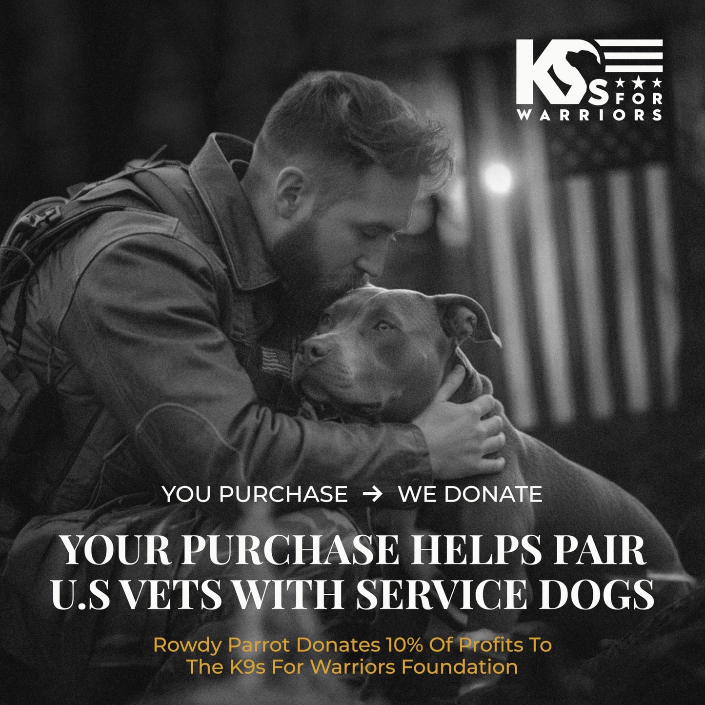 Rowdy Parrot Spartan StormSilk™ Tactical Rubber Bracelet with Stainless Steel USA Flag & Magnetic Closure - Supports Pairing Military Veterans & K-9 Dog Companions