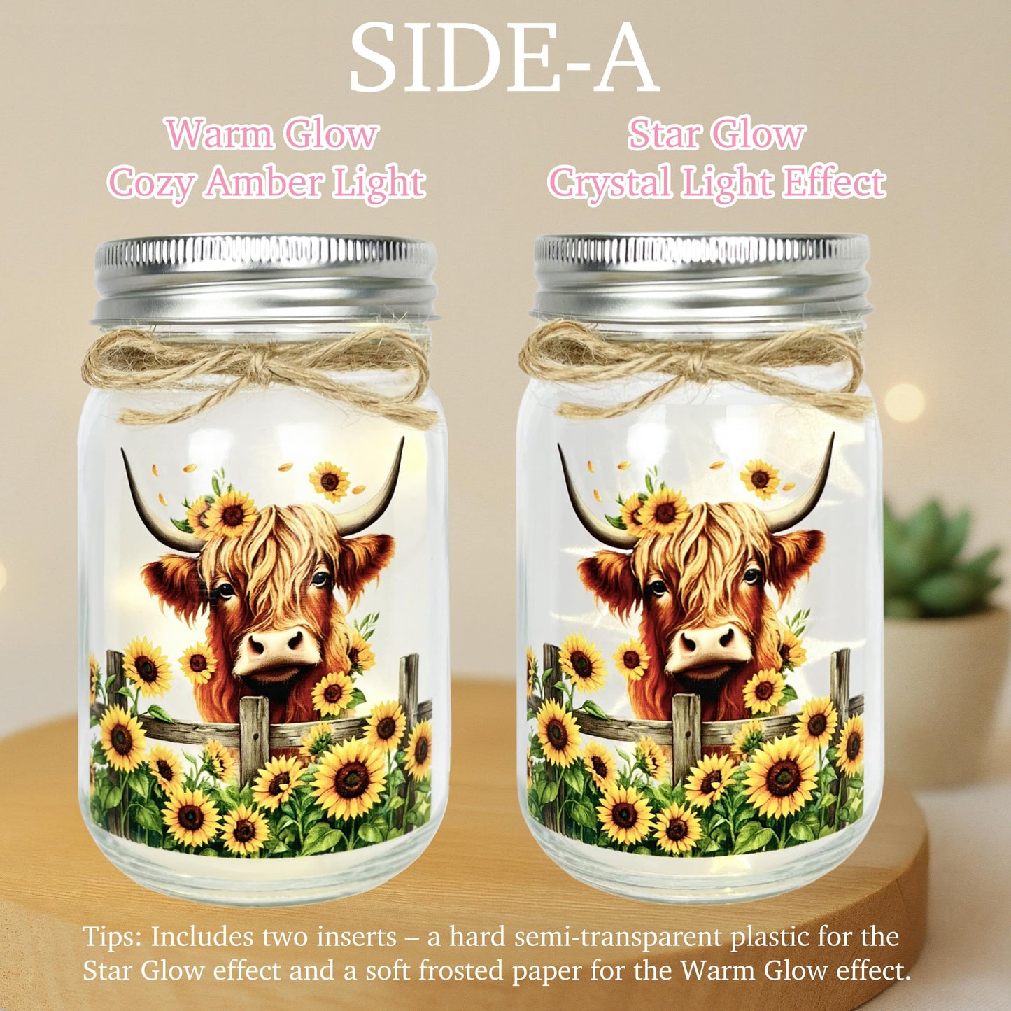 Highland Cow Inspirational Gifts for Women - Double-Sided Decorative Mason Jar Light, New Beginning Self Care Motivational Sunflower Decor Gift for Friends Daughter Sister Coworker