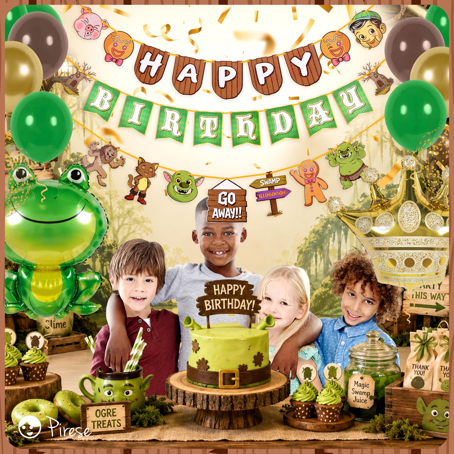 Pirese Ogre Birthday Decorations, Swamp Birthday Party Decorations Kit with Pre-Strung Happy Birthday Banner, Frog & Crown Foil Balloons, Latex and Confetti Balloons, Ogre Party Supplies