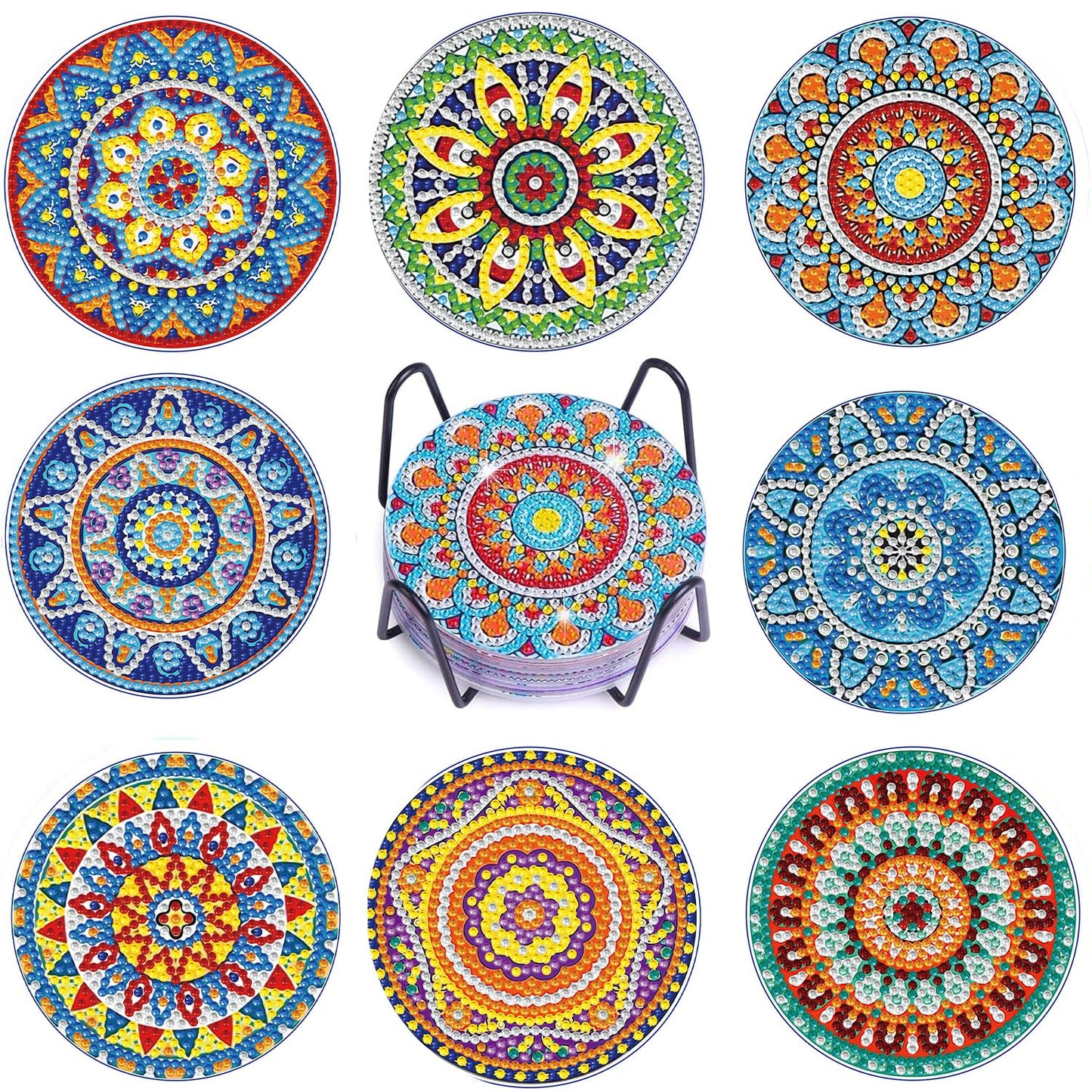 8 PCS Mandala Diamond Art Coasters Kits, Boho Diamond Painting Coasters with Holder Set of 8, DIY Drink Coasters Art Crafts Supplies for Adults Cup Mat for Home Decor House Warming Gifts 3.9inch