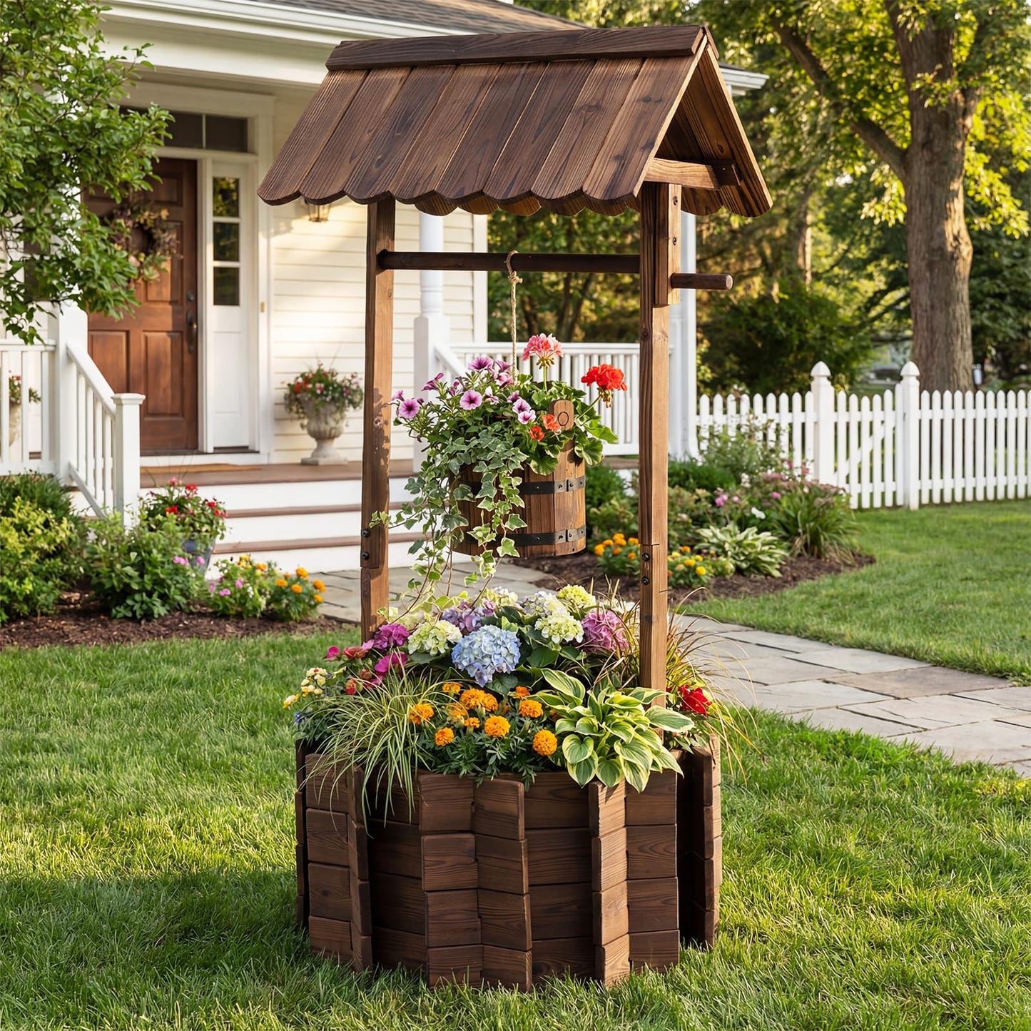 Giantex Wooden Wishing Well Planter with Hanging Bucket, Carbonized Fir Wood Outdoor Garden Planter for Flowers, Rustic Decorative Flower Pot for Yard Patio Deck Home Decor