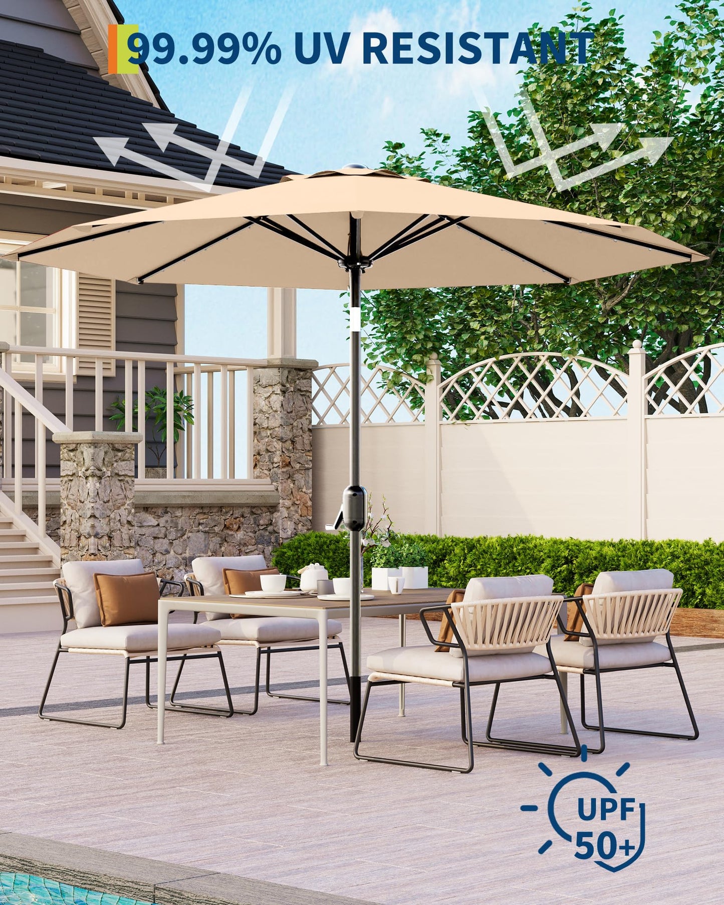 GarveeLife 10 ft Patio Umbrella with Solar Lights, 8 Ribs Outdoor Market Table Umbrella with 40 LED Lights & Tilt Crank for Pool, Deck, Backyard (Tan)