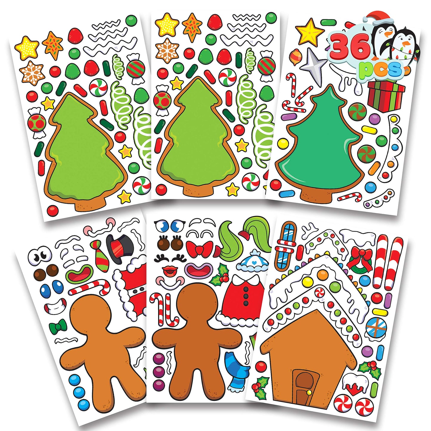 JOYIN 36 Pcs Christmas Make-a-face Sticker Sheets Make Your Own Xmas Cute Stickers with Gingerbread and Tree Sticker Series Design for Kids Party Favor, Art Craft Supplies, Classroom Activities Game