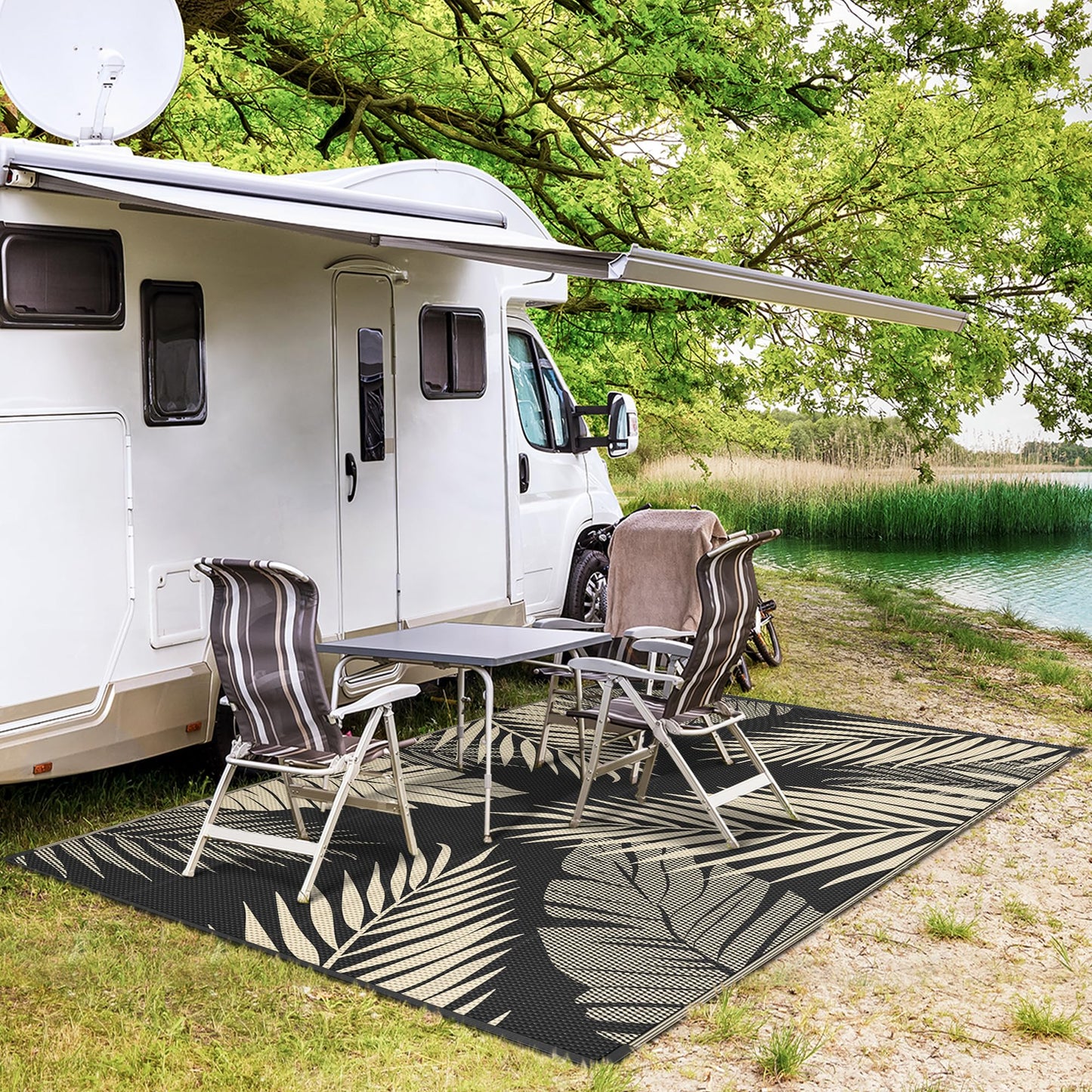 GENIMO Outdoor Rug 8' x 10' Waterproof for Patios Clearance, Reversible Outdoor Plastic Straw Camping Rug Carpet, Large Area Rugs Mats for RV, Camper, Deck, Balcony, Porch, Beach, Picnic, Black&Beige