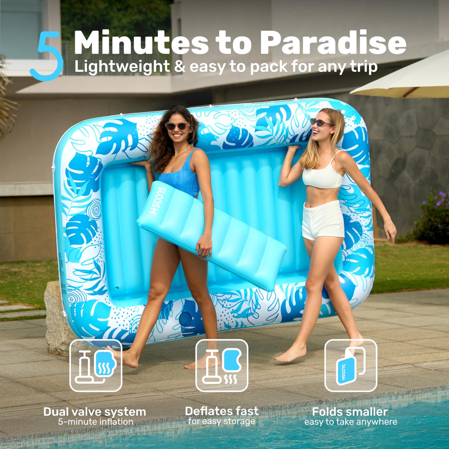 SLOOSH Inflatable Tanning Pool Lounger Float, 85" x 57" Extra Large Pool Floats Adult with Pillow, 4 in 1 Suntan Tub Raft Floatie,Sunbathing Bed Lounge for Water Blow Up Ball Pit Party Gifts, XL-Blue