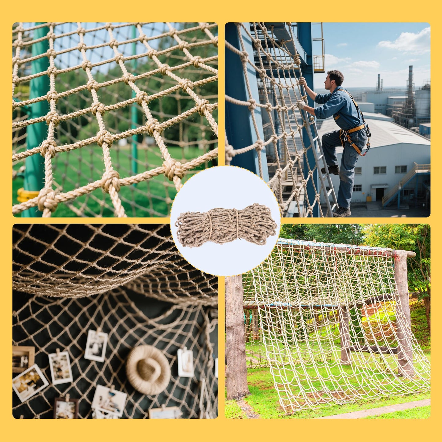 Jute Hemp Rope Net,Heavy Duty Natural Safety Rope Netting Balcony Stairs Fence Garden Playground Protection Net Indoor & Outdoor Decoration Rope Netting (6.5FT*16FT)