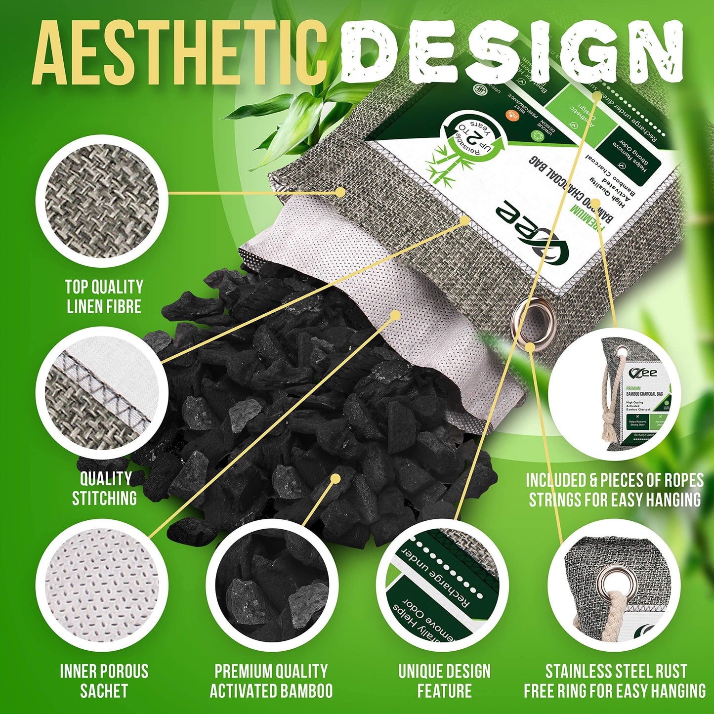 8 XL Bags x 200g Nature Fresh Activated Odor Absorber, Bamboo Charcoal Air Purifying Bag, Odor Eliminator for Home, Car, Cigarette Smoke, Dog, Cat, Shoes