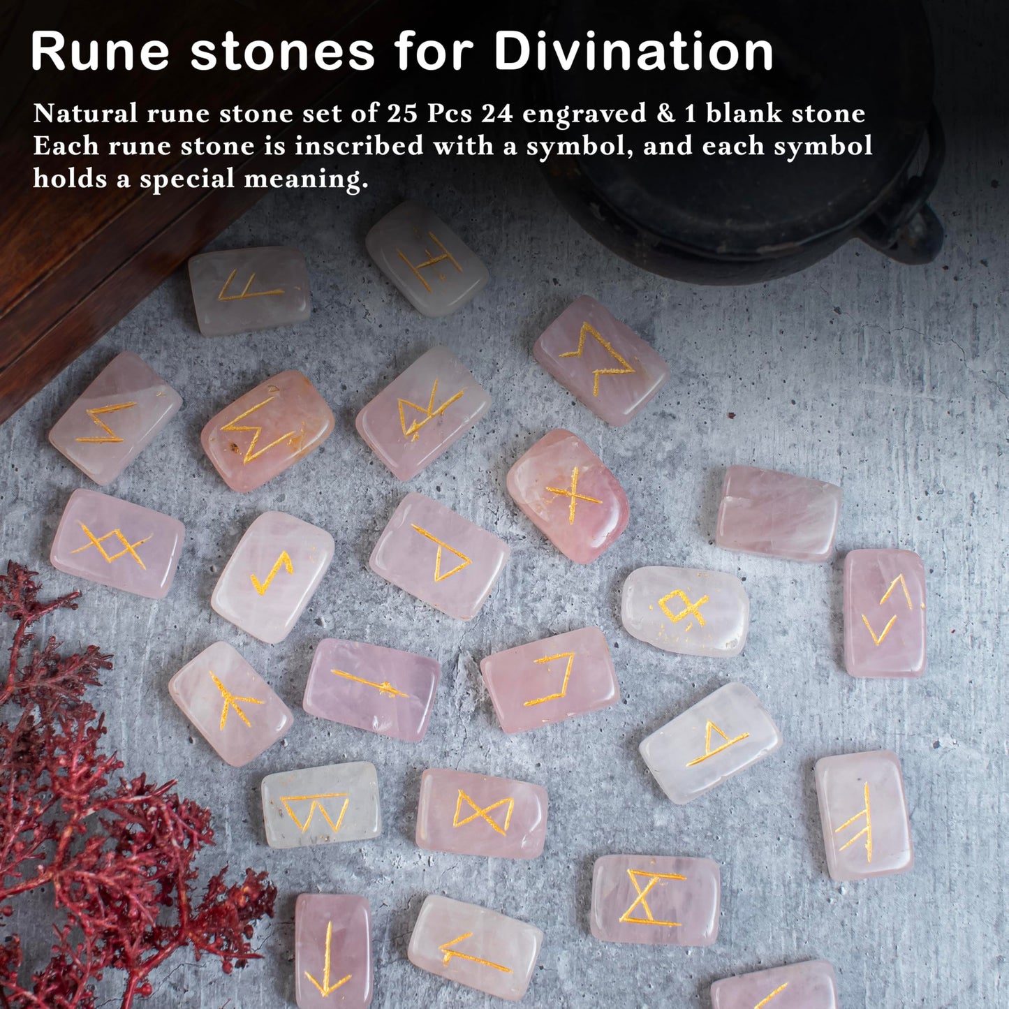 Crocon Rose Quartz Rectangle Shape Gemstone Runes with Elder Futhark Alphabet Engraved |25 pcs Rune Set | Crystal Divination Metaphysical Healing Chakra Reiki Runes Set |with a Pouch| Size : 20-25mm