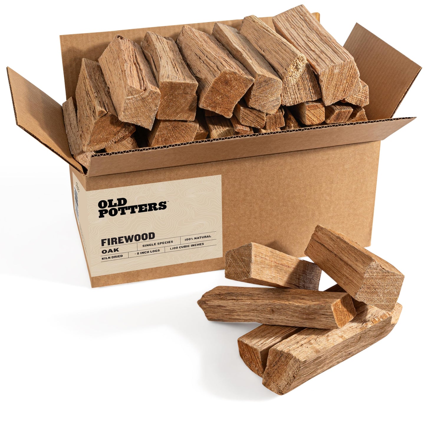 Old Potters Kiln Dried Firewood - Oak, 1100 Cu. in, 16-18 Logs ~ 8" x 2.5" Logs. Cooking Wood for Grilling, Smoking, and Firepits, Oak.