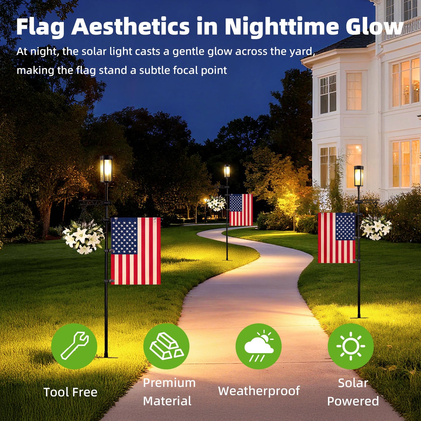 Garden Flag Stand with Solar Light for Outside 12 x 18 Inch Flags, Heavy Duty Aluminum Alloy Yard Flag Holder with Clip, Weatherproof Outdoor Flag Pole