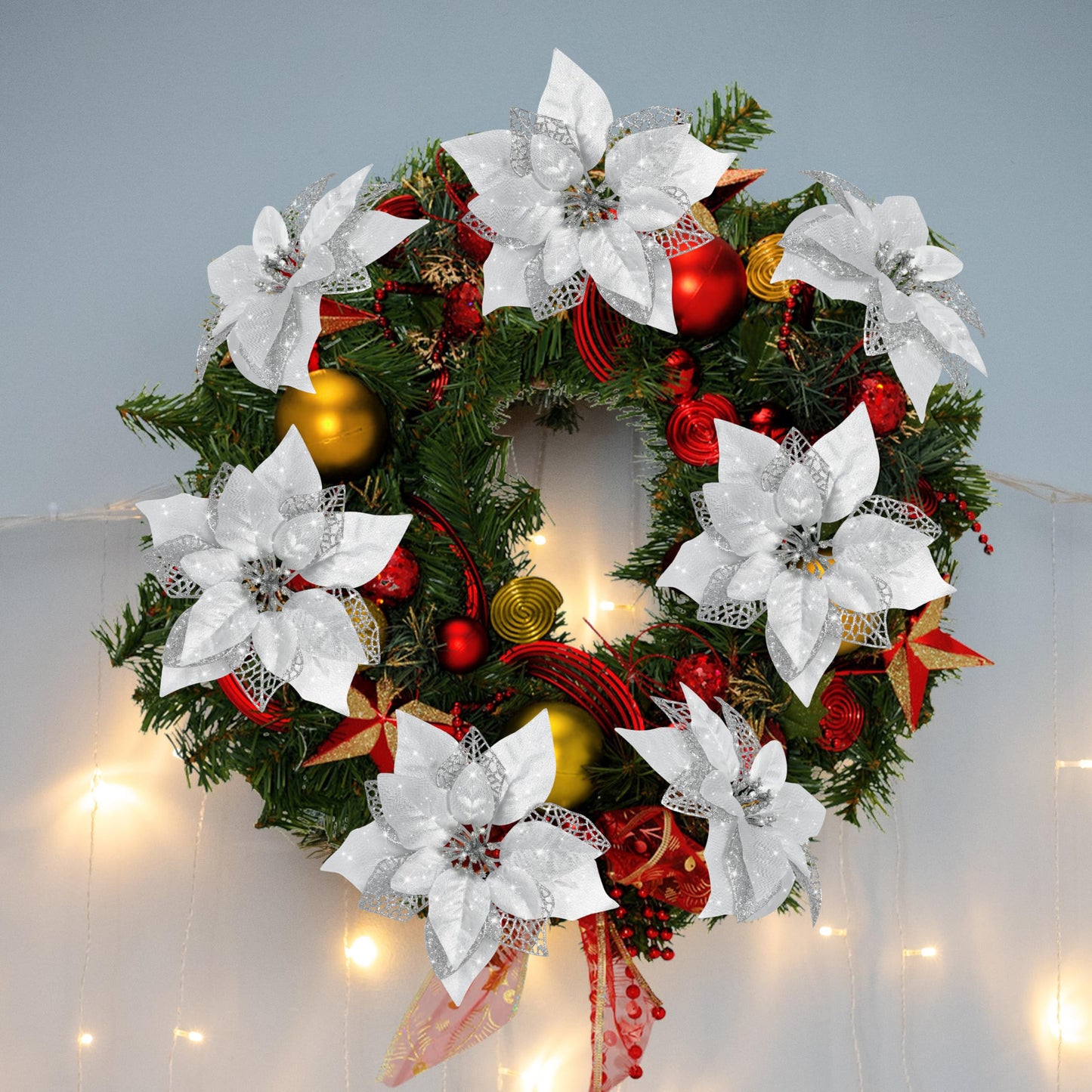 12 PCS Poinsettia Flower Artificial Poinsettia Christmas Decoration 8.7'' Silver Glitter Poinsettias Christmas Ornaments Christmas Tree Flower Decor with Clips DIY Xmas Wreath Holiday Home Party Decor
