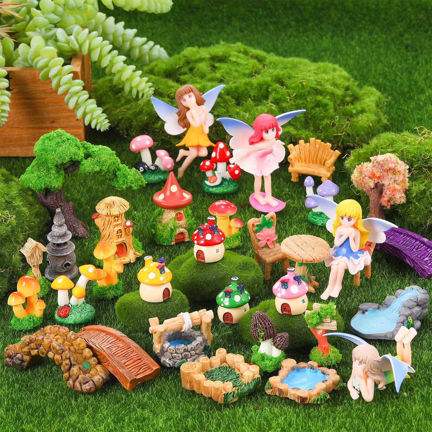 GGSTDDUP 32 Pcs Fairy Garden Accessories Mini Fairy Figures Miniature Table and Chairs Bridge Mushroom Lighthouse Water Well Pond Landscape Ornaments Kit for DIY Garden Potted Desk Decor