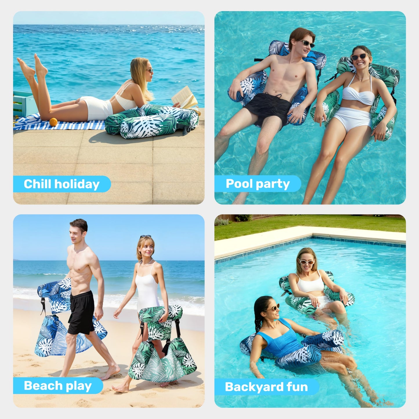 Sloosh Pool Floats Adult, 2 Packs Inflatable Pool Lounge Chairs,Blow up Hammock Pool Noodles Floats for Adults,Floating Water Chair for Pool Party Lake River Water Fun(Tropical Leaves-Green,Blue)