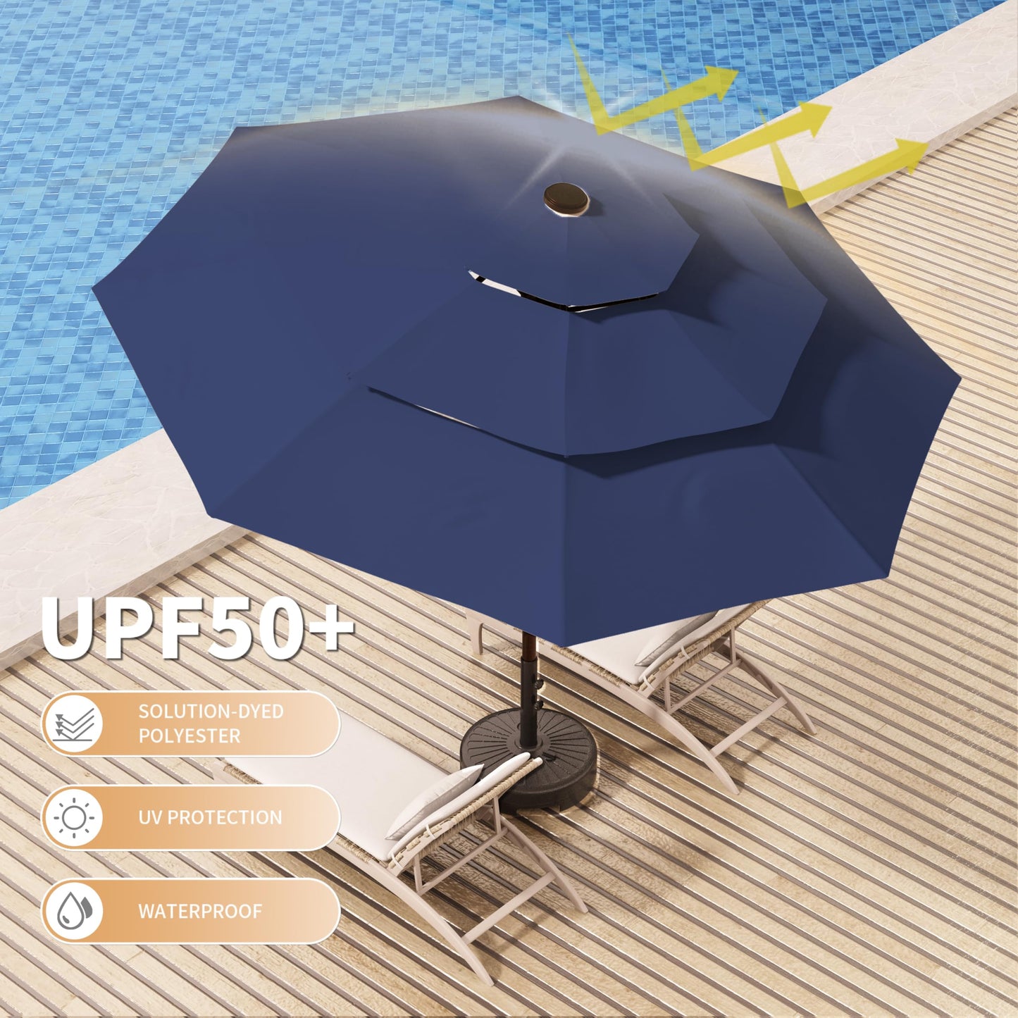 Ayge 9FT 3-Tier Large Outdoor Patio Umbrella Market Table Umbrella-UV Resistant,Easy Push Button Tilt and Crank,8 Sturdy Fiberglass Ribs Heavy-Duty Pool Umbrella for Deck,Backyard,Garden,Yard,Navy