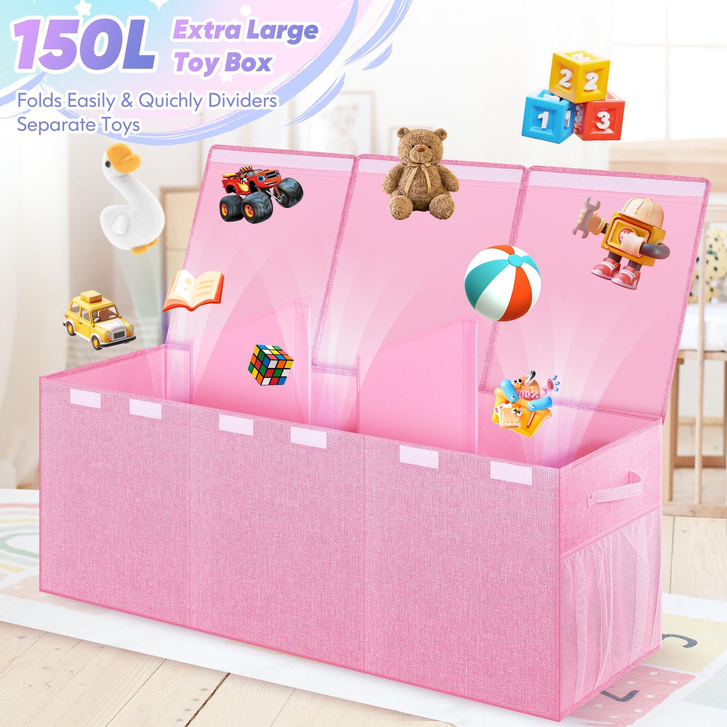 Mabahoo Extra Large Toy Box, Toybox for Kids Boys Girls, Collapsible Sturdy Toy Storage Organizer with Mesh Pockets, 40"x14"x16" Kids Storage Boxes Bins Baskets for Nursery, Playroom, Pink