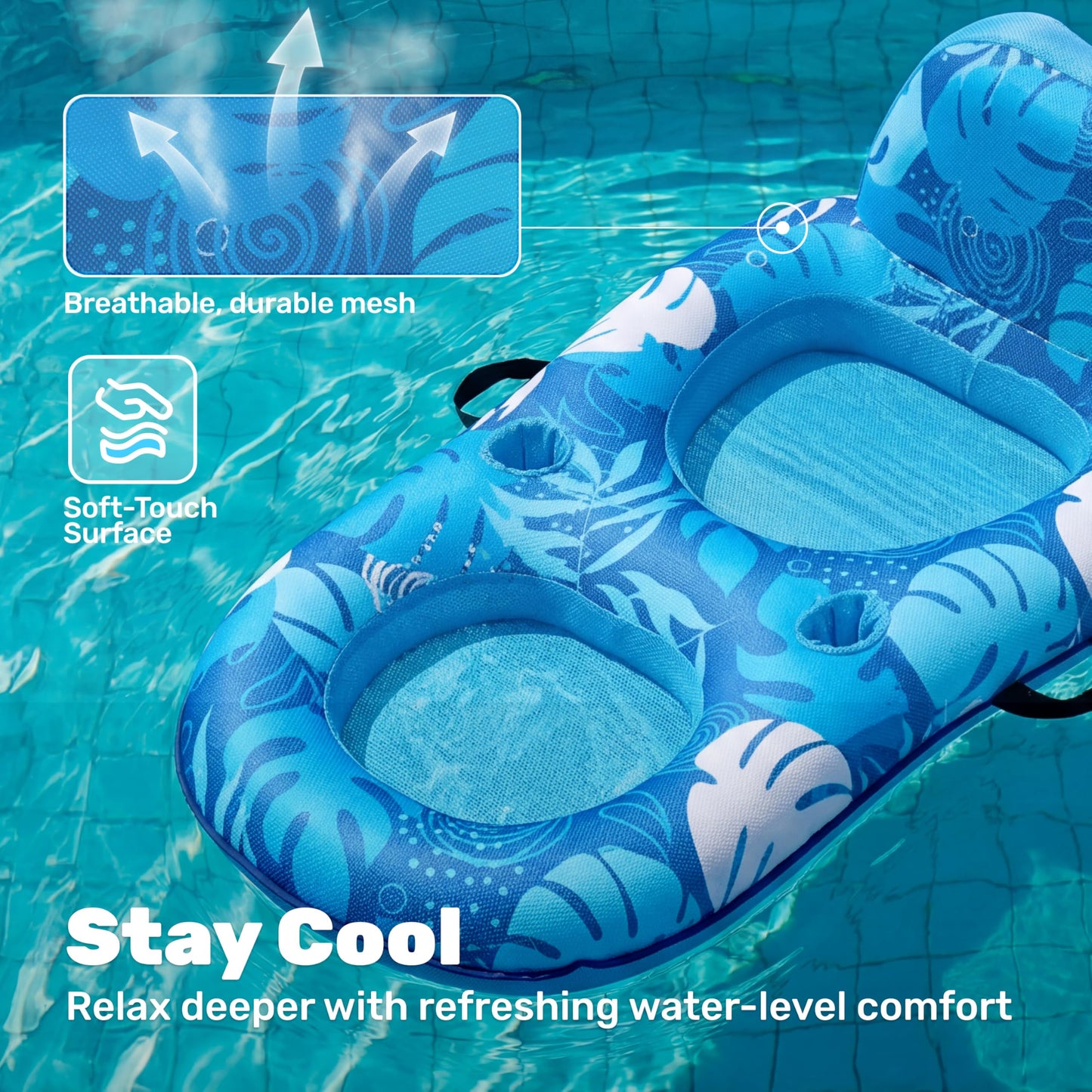 SLOOSH Premium Pool Floats Lounger for Adults - Inflatable Fabric Covered Float Recliner Pool Lounge Chair with Backrest & Cup Holders for Beach Lake Swimming Pool Water