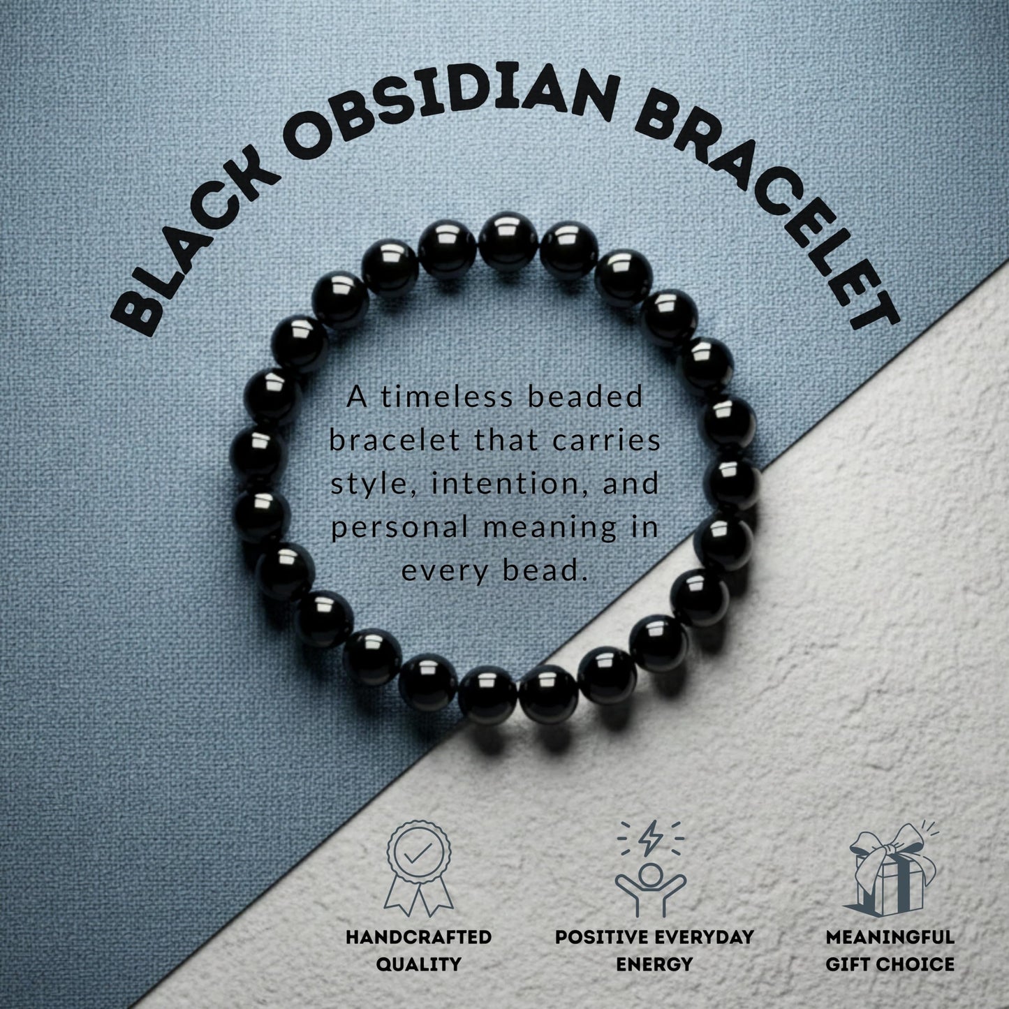 Cherry Tree Collection - Handmade Crystal Beaded Stretch Bracelets For Women and Men - Small, Medium, Large Sizes - Healing Properties Card - 8mm Round Beads (Black Obsidian - Medium)