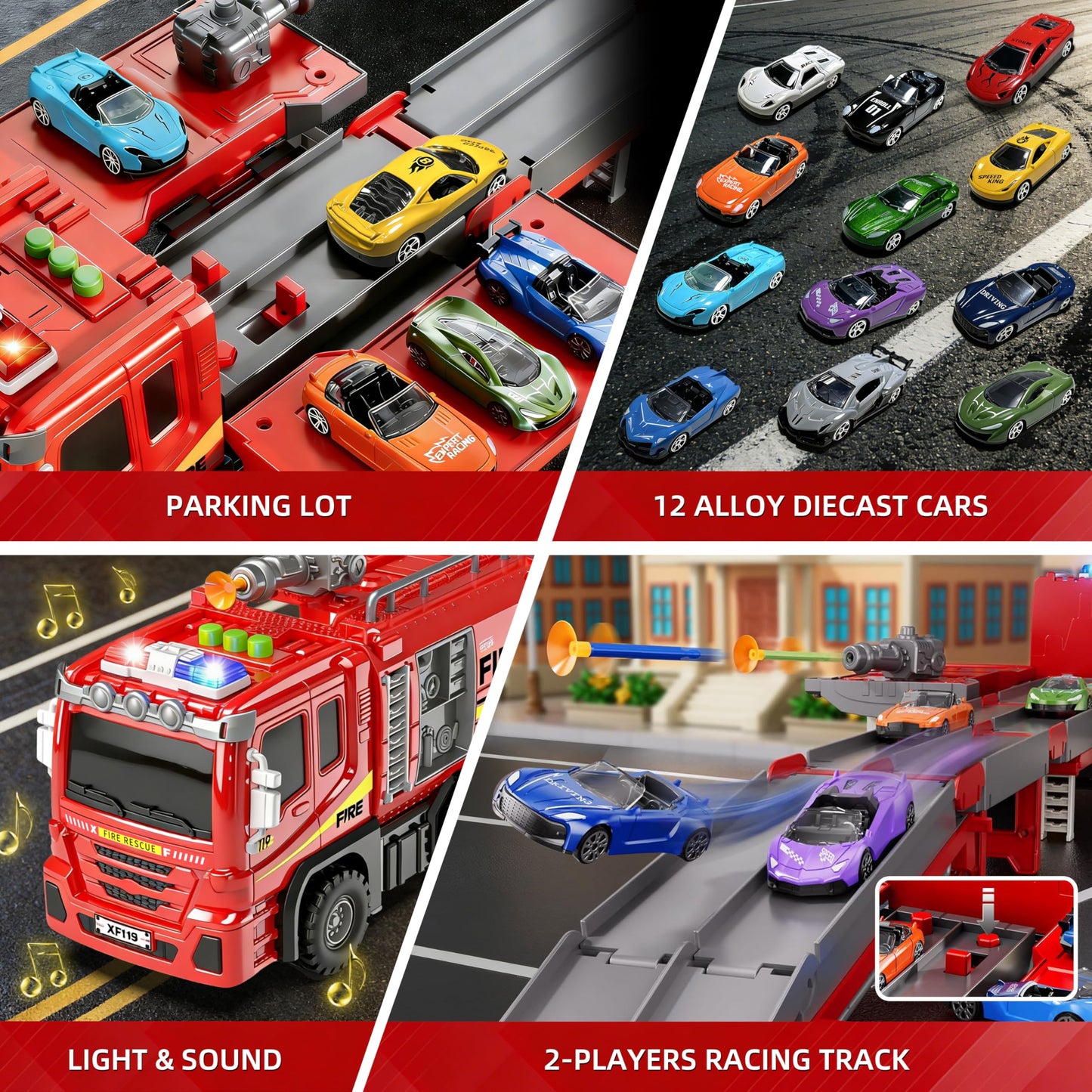 3in1 Fire Truck Toy with Foldable Race Track & 12 Diecast Race Cars Toys, Fire Trucks for Toddlers 3-5 with Lights & Sounds, Carrier Truck Car Kids Toy Gift for Age 3 4 5 6+ Year Old Boys Girls