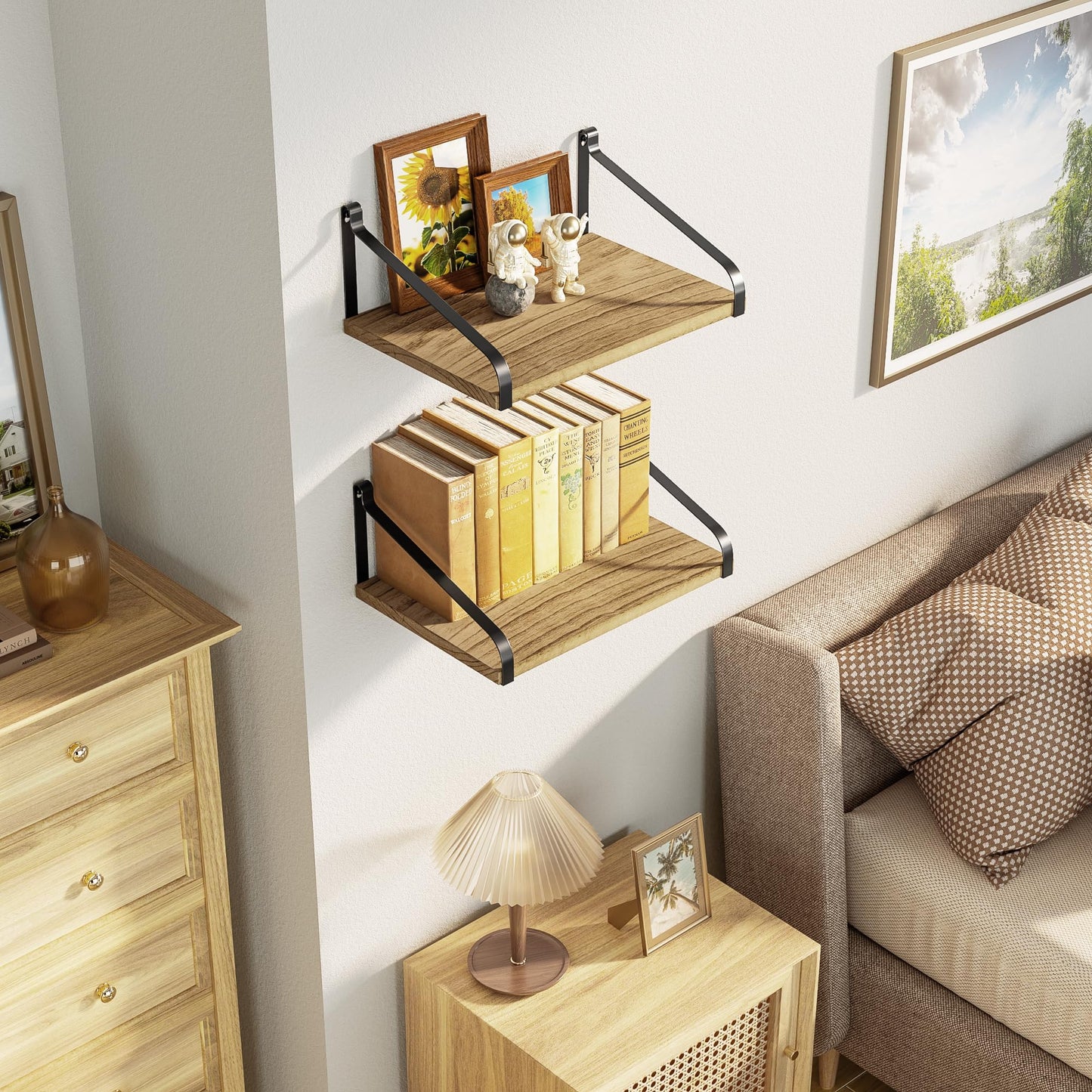 Love-KANKEI Floating Shelves Wall Mount Rustic Wood Wall Shelves with Large Storage L16.5 x W12 inch for Kitchen Living Room Bathroom Bedroom Set of 2 Carbonized Black