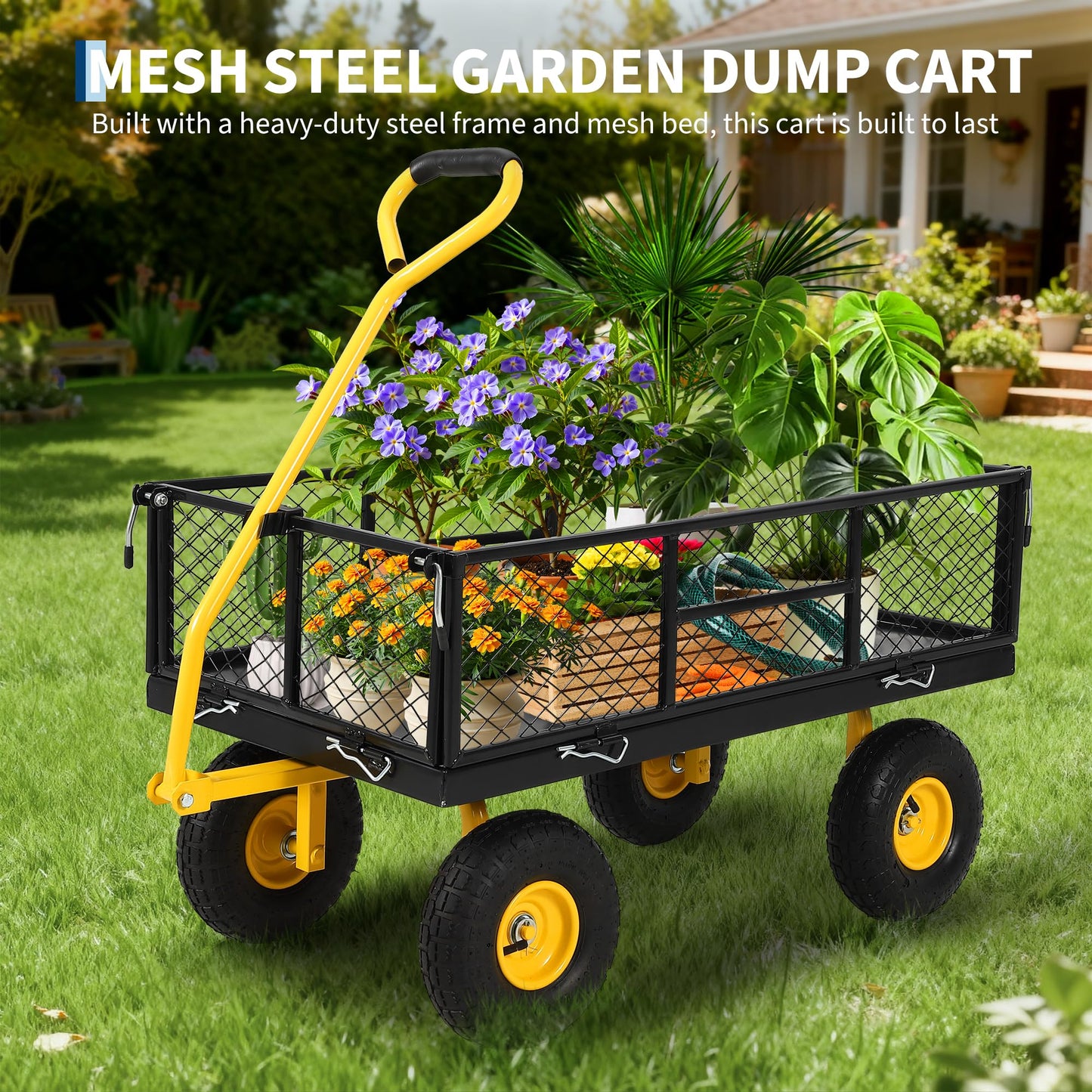 900 Lbs Heavy Duty Steel Garden Cart, Garden Wagon Cart on Wheels, Outdoor Metal Yard Utility Wagon Carts with and Mesh Removable Sides(Convert to Flatbed) and 180°Rotating Handle,Black