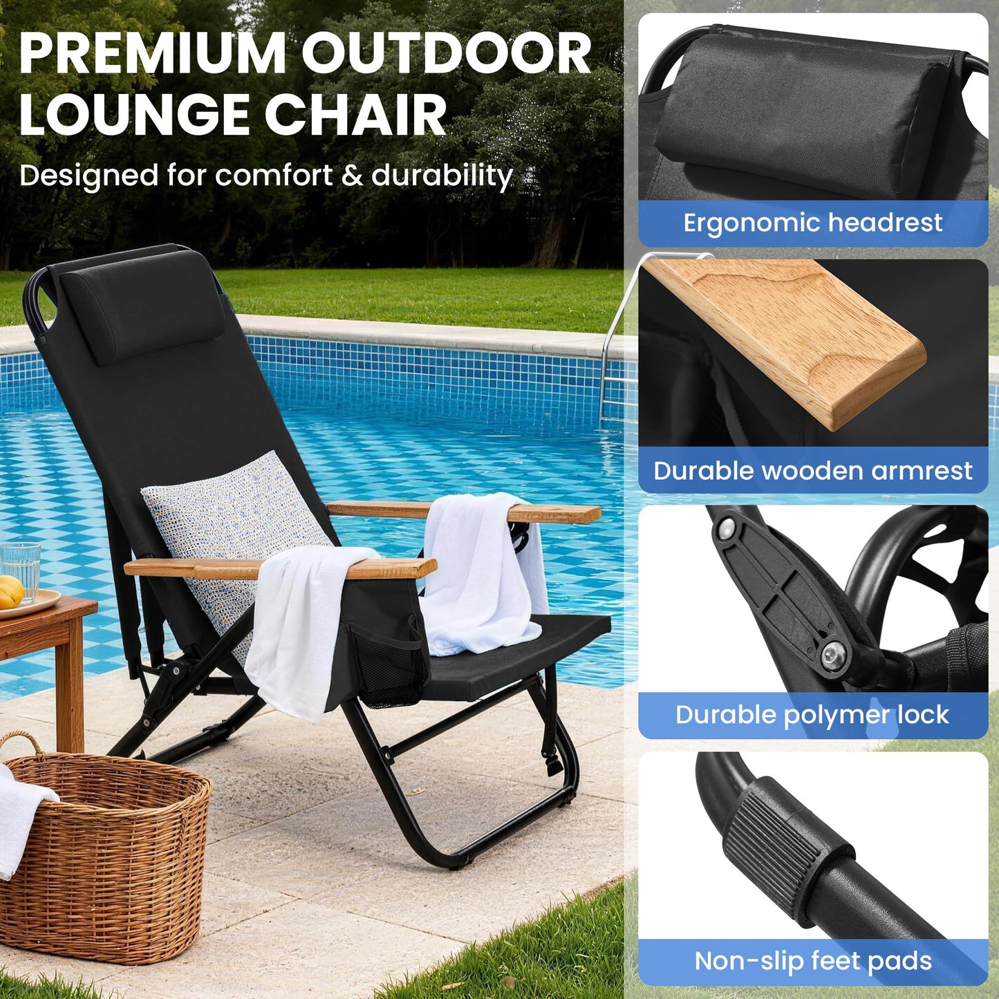 Canpsky Premium Portable Camping Chair 5-Position Recliner Beach Folding Lightweight Outdoor Chair with Wooden Armrests, Headrest, Multi-Pockets Heavy Duty 350lbs, for Patio, Backyard, Black
