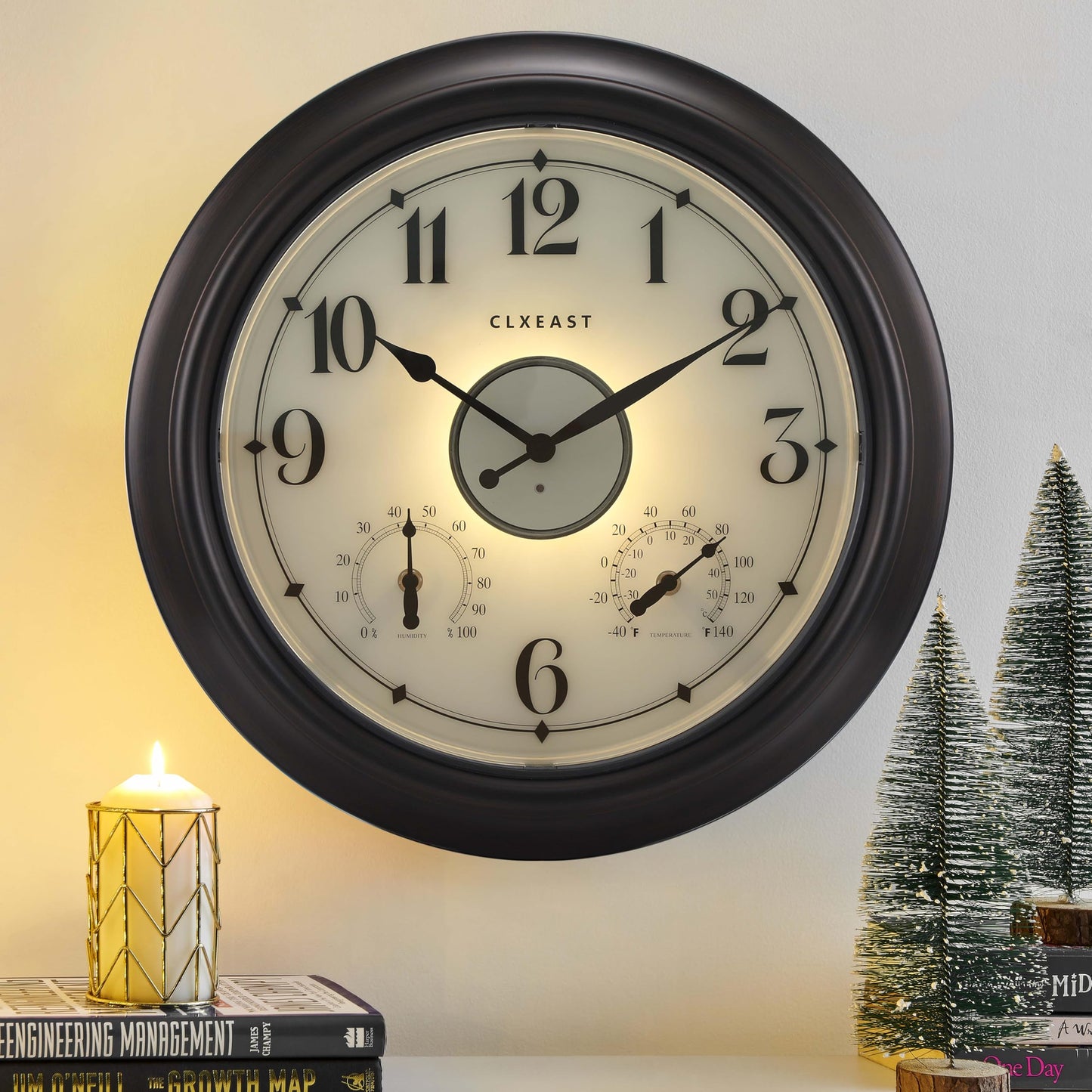 CLXEAST Illuminated Indoor Outdoor Clocks Waterproof 18 inch with Smart Night Light Sensor,Large Wall Clock with Thermometer & Hygrometer,Oil Rubbed Bronze Black,Spring Outdoor Decor