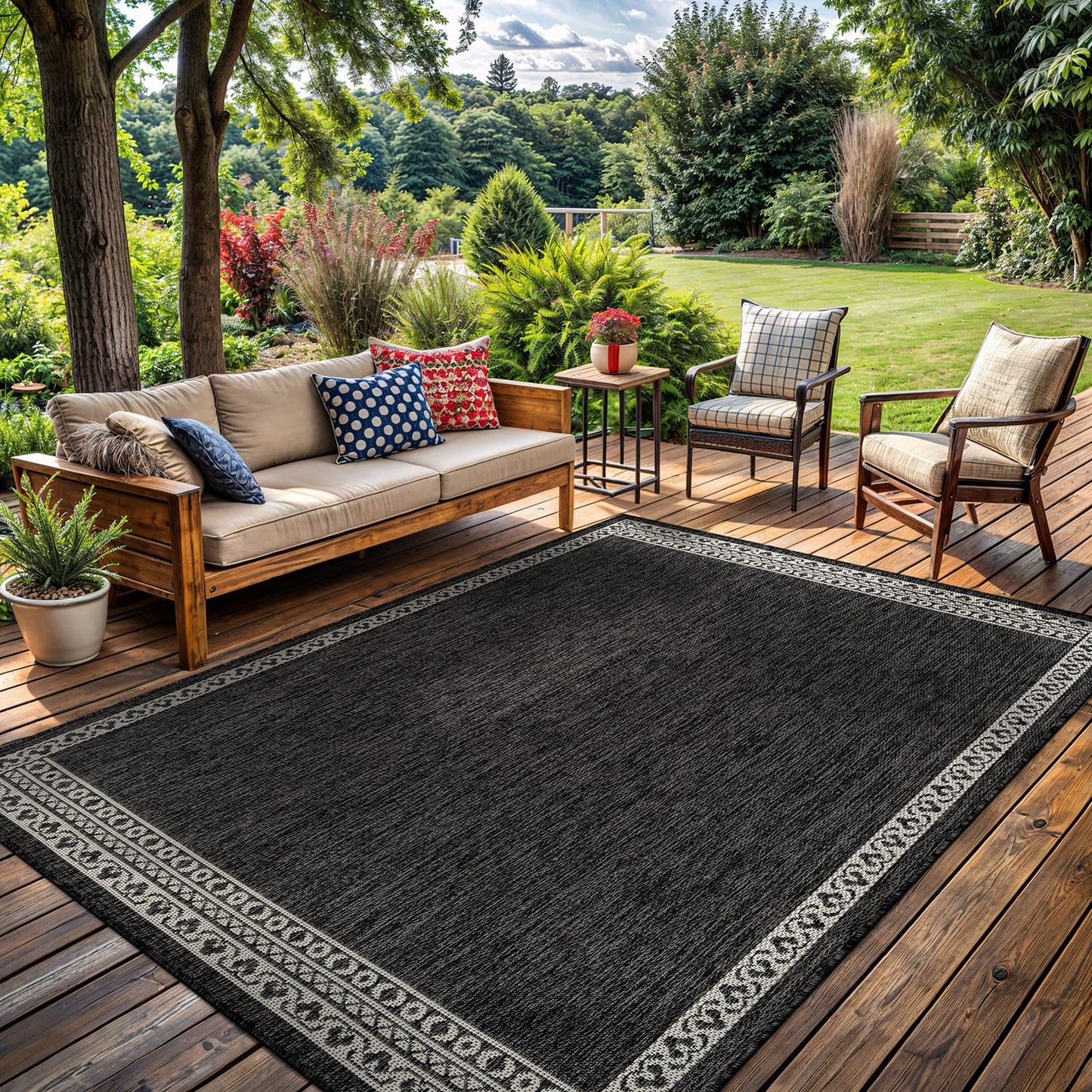 Washable Outdoor Rug 8x10 Modern Area Rugs Outdoor Carpets Bordered Pattern Non Shedding Waterproof Easy Clean Patio Deck Porch Living Room Bedroom Garden RV (8 X 10 Dark Gray)