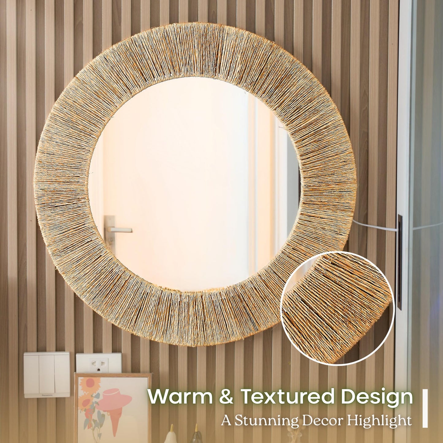 Chi An Home 24 Inch Natural Jute Mirror, Wall Mounted Round Mirror with Metal Frame, Wall Decor Rustic Farmhouse Boho Decor Accent for Bathroom, Bedroom, Living Room, or Entryway