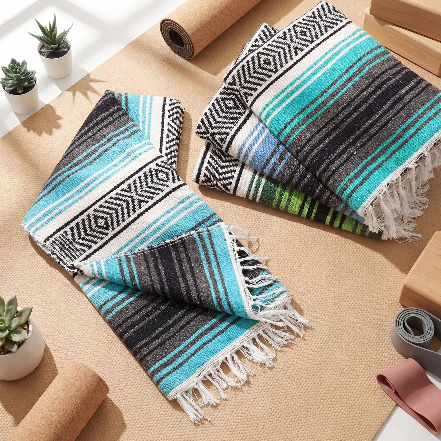 Oudain 4 Pcs Mexican Blankets Bulk Handwoven Mexican Yoga Blanket Towel Colorful Falsa Serape Woven Throw Blanket Boho Beach Blankets for Outdoor Camping Beach Picnic Travel Home (Blue Green)