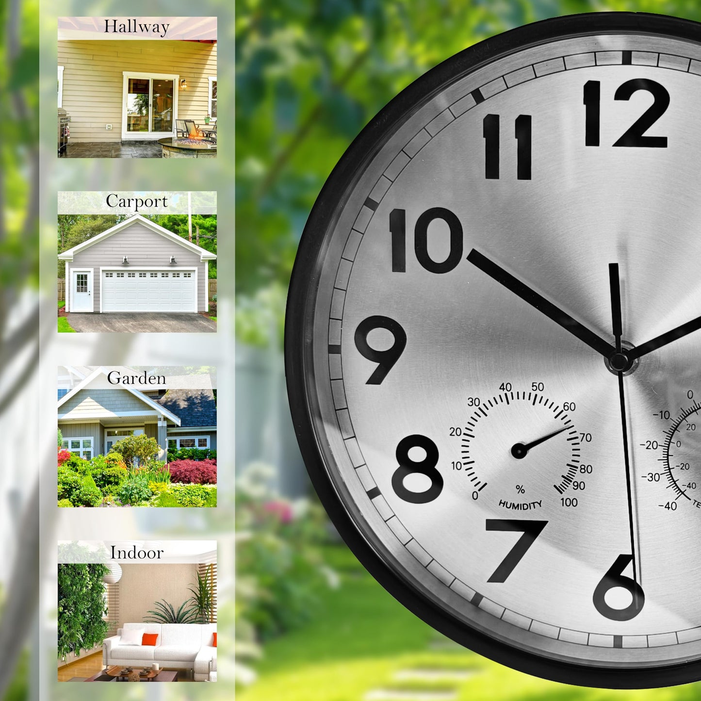 VIOYOUNS 10 Inch Indoor Clock with Temperature and Humidity, Waterproof and Silent, Large Easy-to-Read Numbers, Ideal for Bedroom,Office,Living Room,Porch,Garden,Pool(Silver)