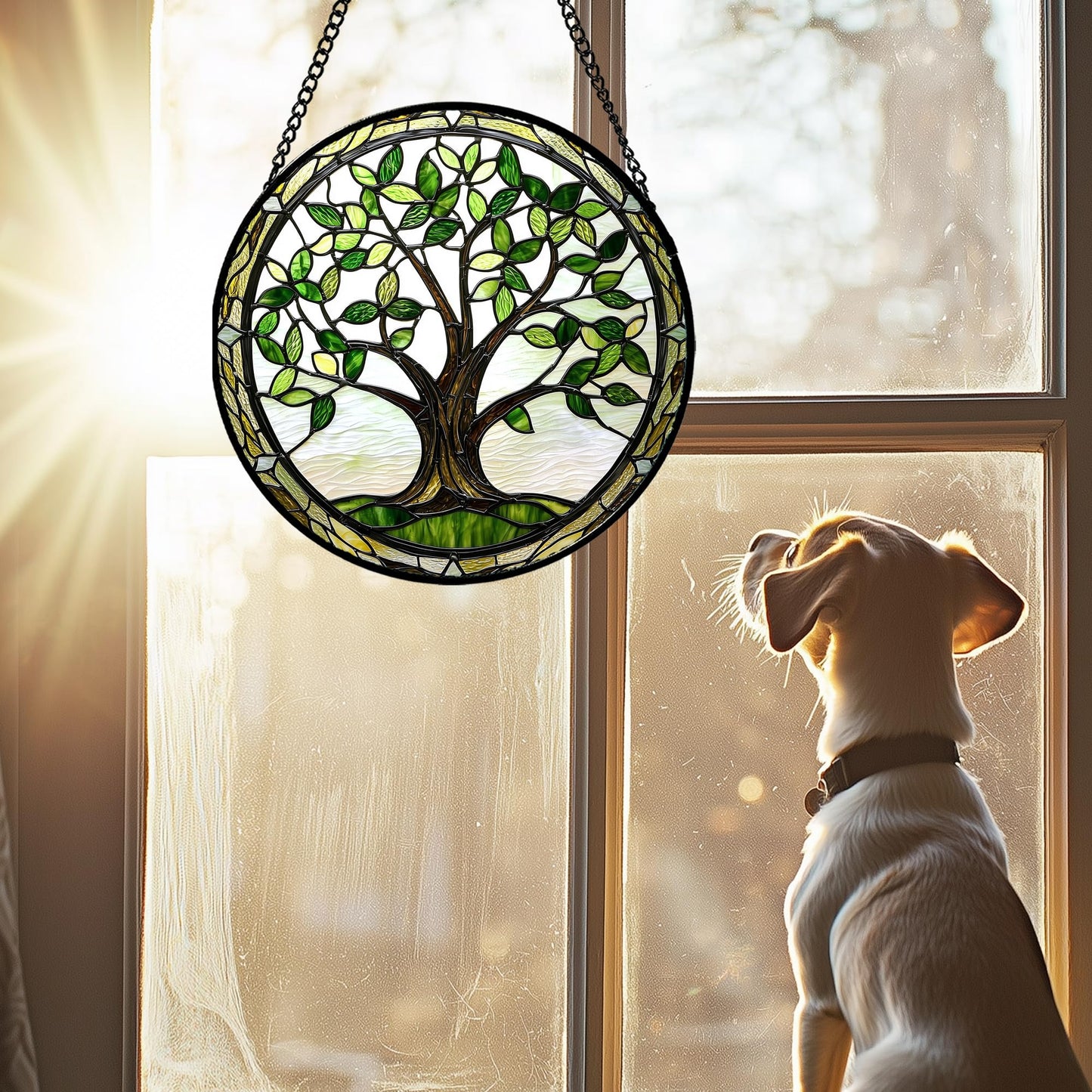 AMDERVEN Stained Glass Window Hanging - Brown Tree Trunk Green Leaves Sun Catcher for Door Garden Home Decor Plant Suncatcher Christmas Mother's Day Birthday Gifts for Women Men Mom Nana 6.3 in