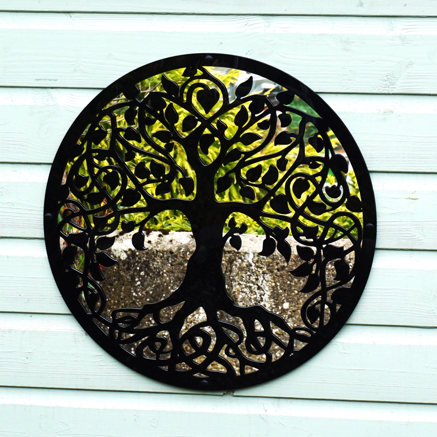 Sun Catcher Garden Decor Tree of Life Garden Mirror Range of Sizes Round Framed Mirror Outside Rust Resistant Acrylic Fixings Included Gift (42cm / 16.5 inch)