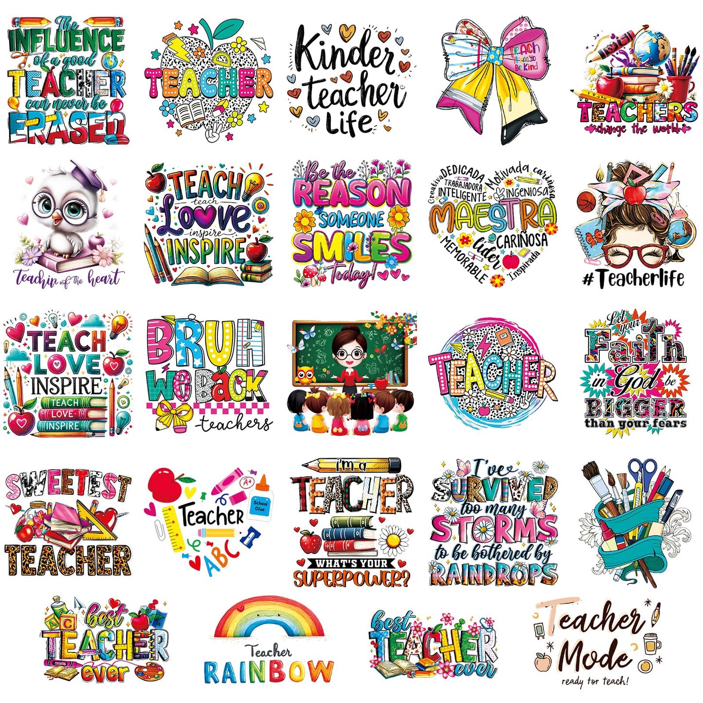 INCOK Teacher Iron on Transfers for Clothing - 24 PCS DTF Transfers Ready to Press Bow Pencil Iron on Vinyl Design Heat Decals Stickers for Teacher Appreciation Week T-Shirts Bag Hoodie Hat Dress