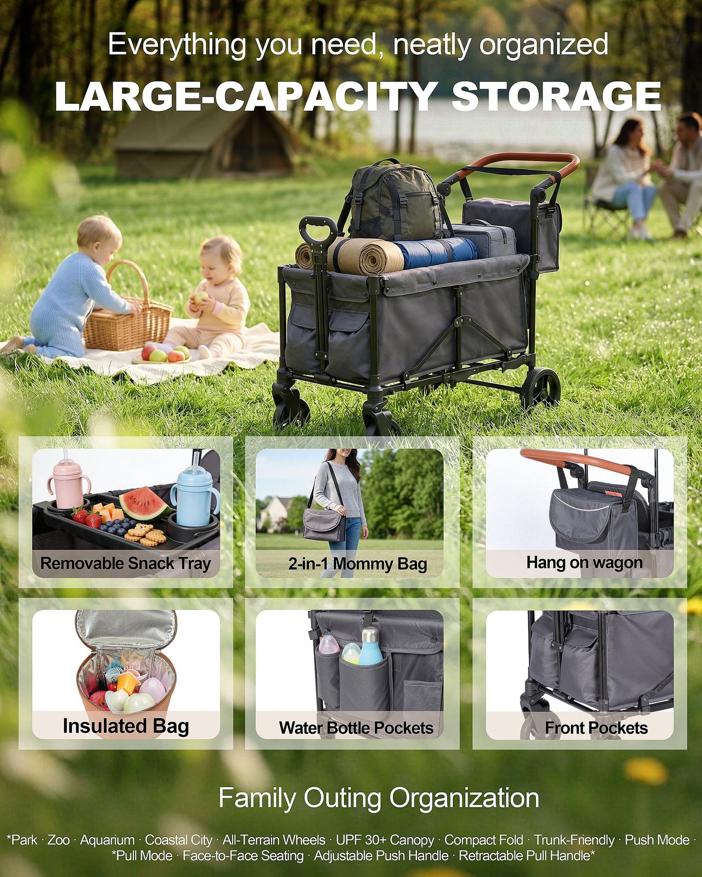 2-in-1 Wagon Stroller for Two Kids – Foldable Push & Pull All‑Terrain Wagon with Canopy, 5‑Point Harnesses,Removable Snack Tray,Storage Bag, Lightweight, Compact Trunk-Friendly Fold – Green