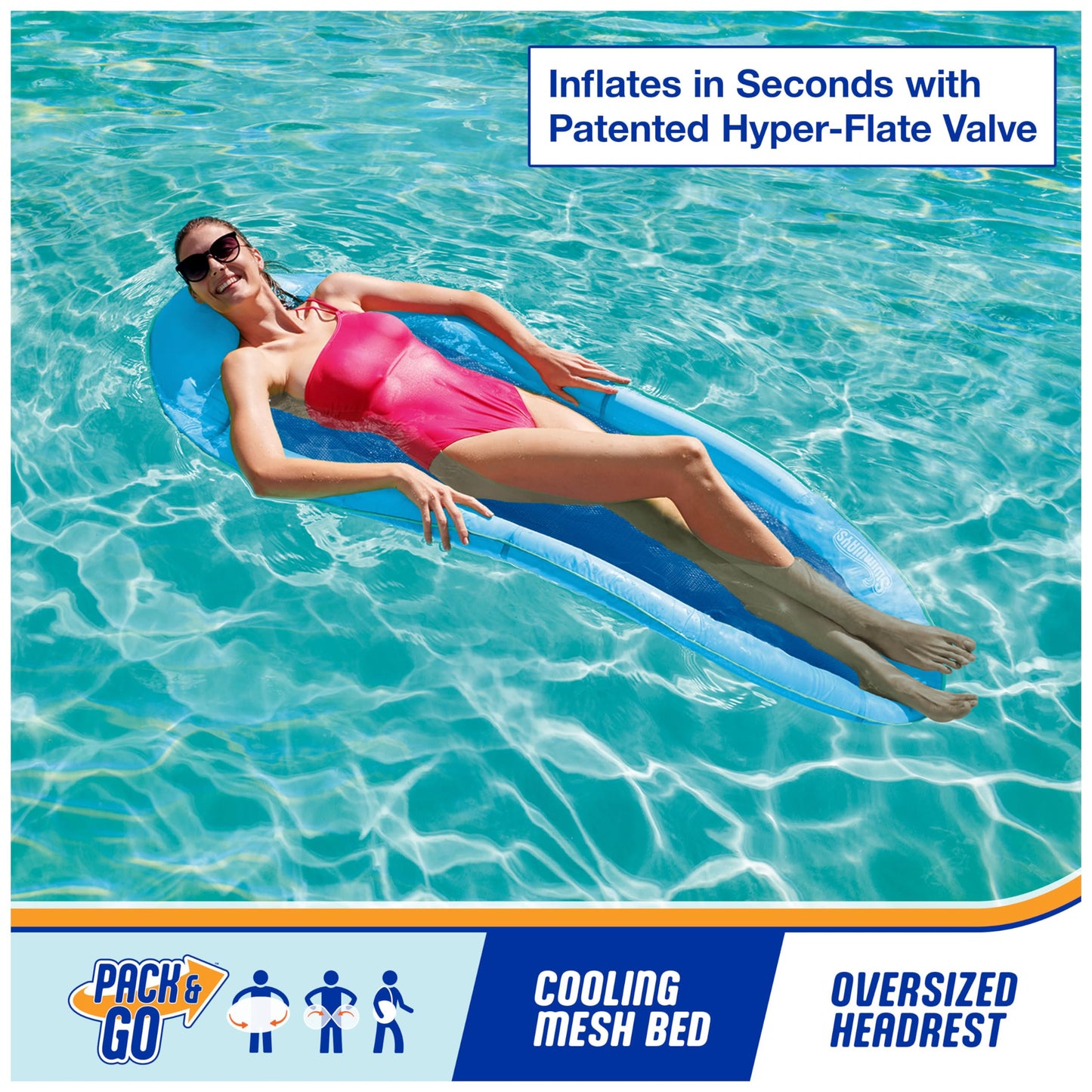 SwimWays Spring Float Premium Hammock Pool Lounger, Inflatable Pool Floats Adult with Fast Inflation for Ages 15 & Up, Sky Blue