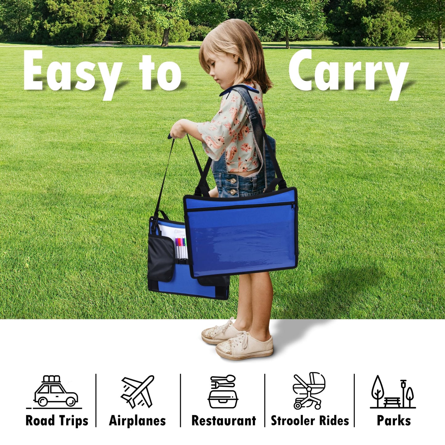WENRENER Kids Travel Tray for Car Seat, Toddler Road Trip Essentials With Drawing Kit, Travel Activities Must Haves (Navy Blue-2PCS)