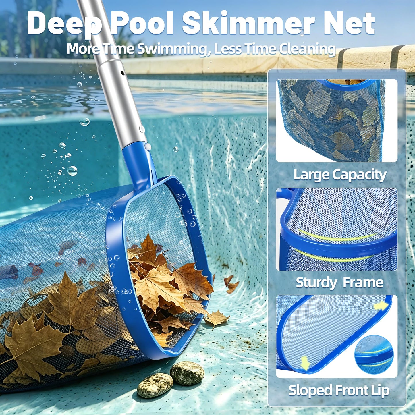 KingSom Swimming Pool Cleaning Kit Includes Professional Leaf Skimmer Net,Half-Depth Fine Mesh Net,17" Pool Brush Head,55" Adjustable Aluminum Pole,Pool Cleaning Equipment for Above Ground Pools