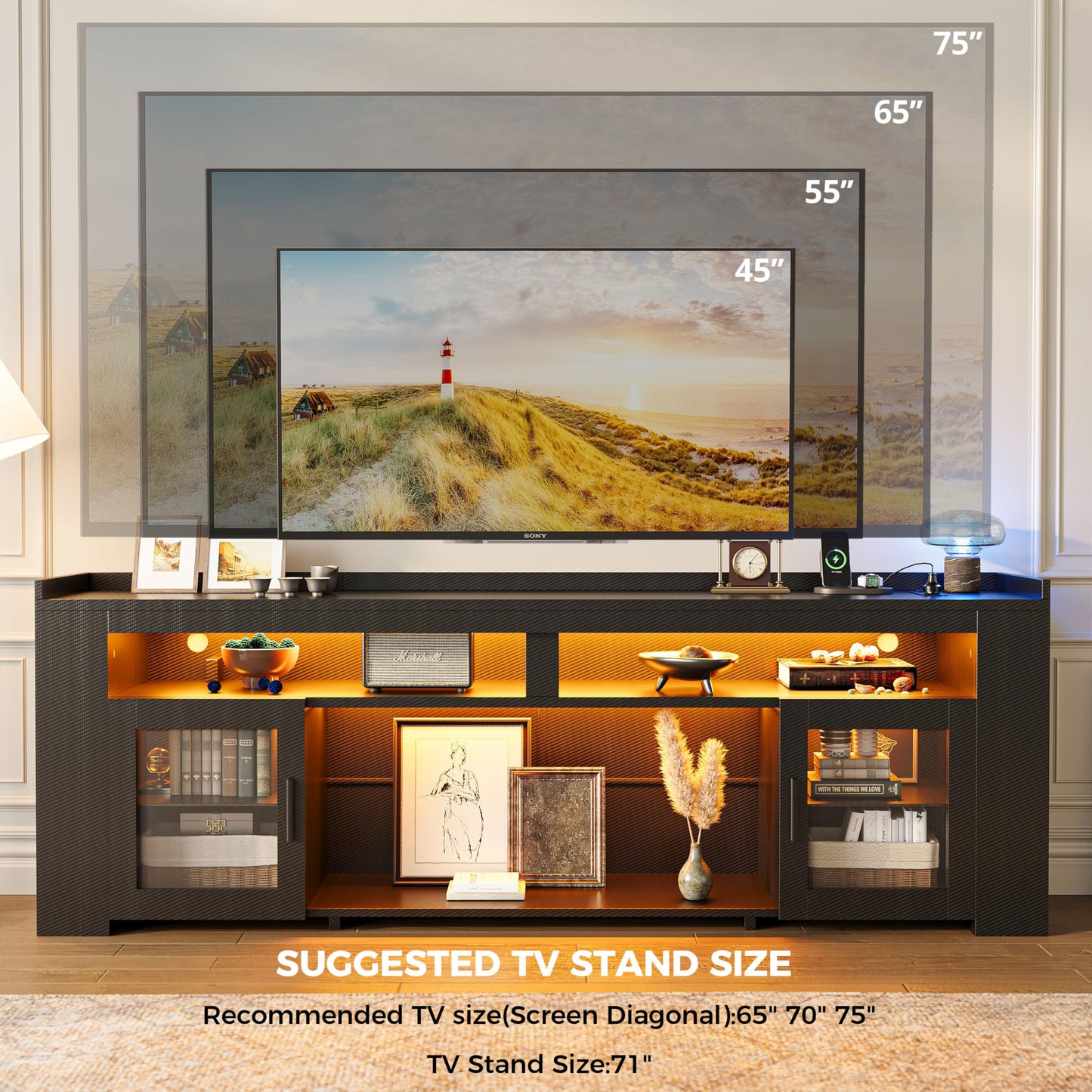 IRONCK TV Stand for TVs Up to 70" with Charging Station, LED Entertainment Center, Modern Carbon Fiber Media Console with Adjustable Glass Shelves & 2 Doors, Organize Your Gaming & Living Room, Black