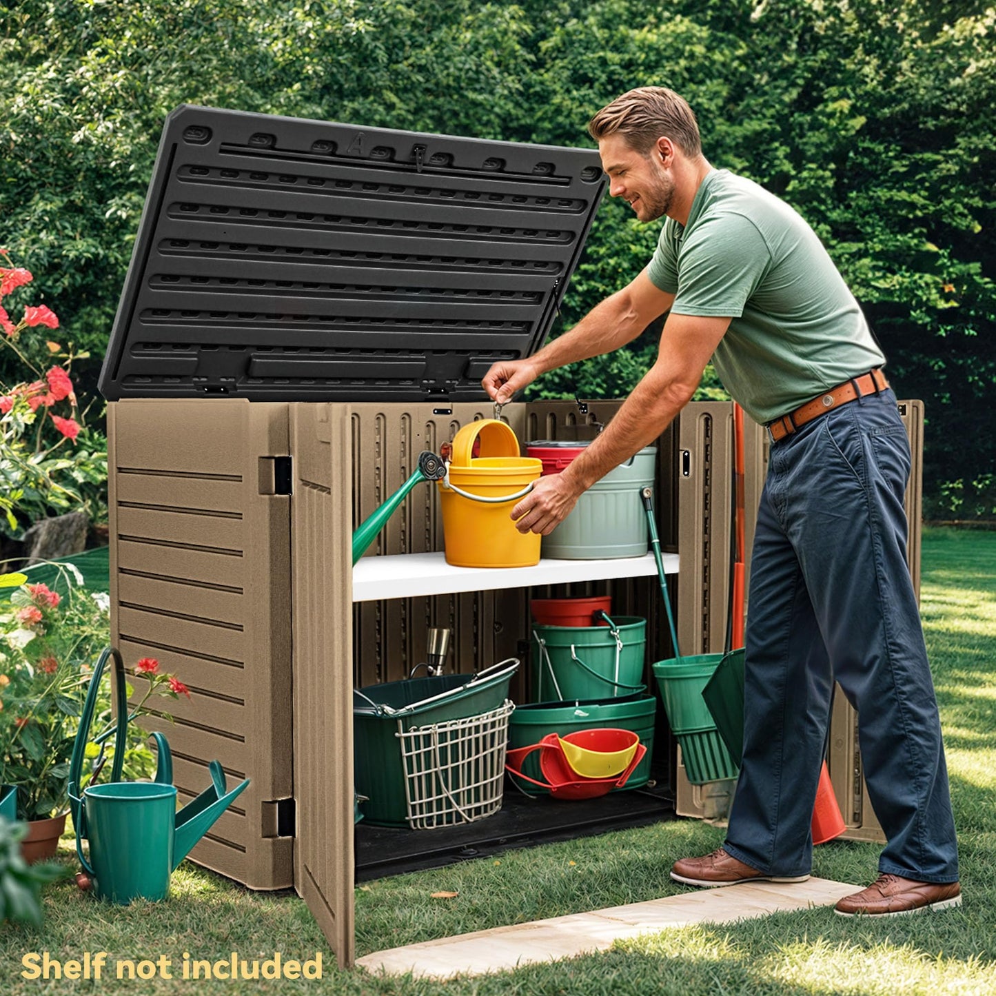 DWVO 35 Cuft Outdoor Horizontal Storage, Waterproof Resin Storage Shed with Floor and Multiple Accesses for Garden Tools, Easy Assembly, Brown (No Shelf Included)