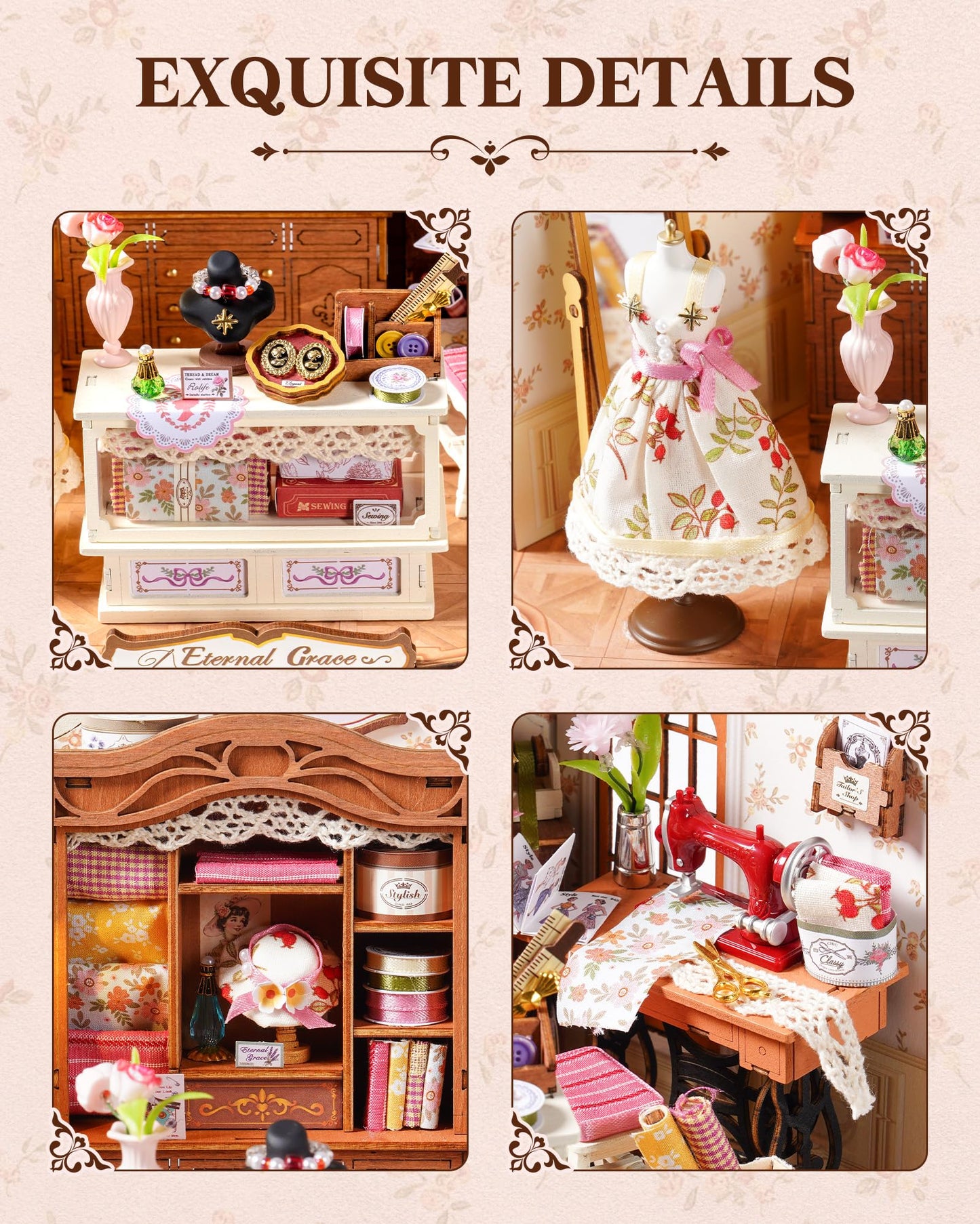 ROBOTIME DIY Miniature House Kit, Elsa’s Tailoring Dollhouse Kit, Mini Wooden Furniture Kit for Adults, Sewing Shop Building Model, Creative Craft Gift for Birthday/Christmas/Hobby Enthusiasts