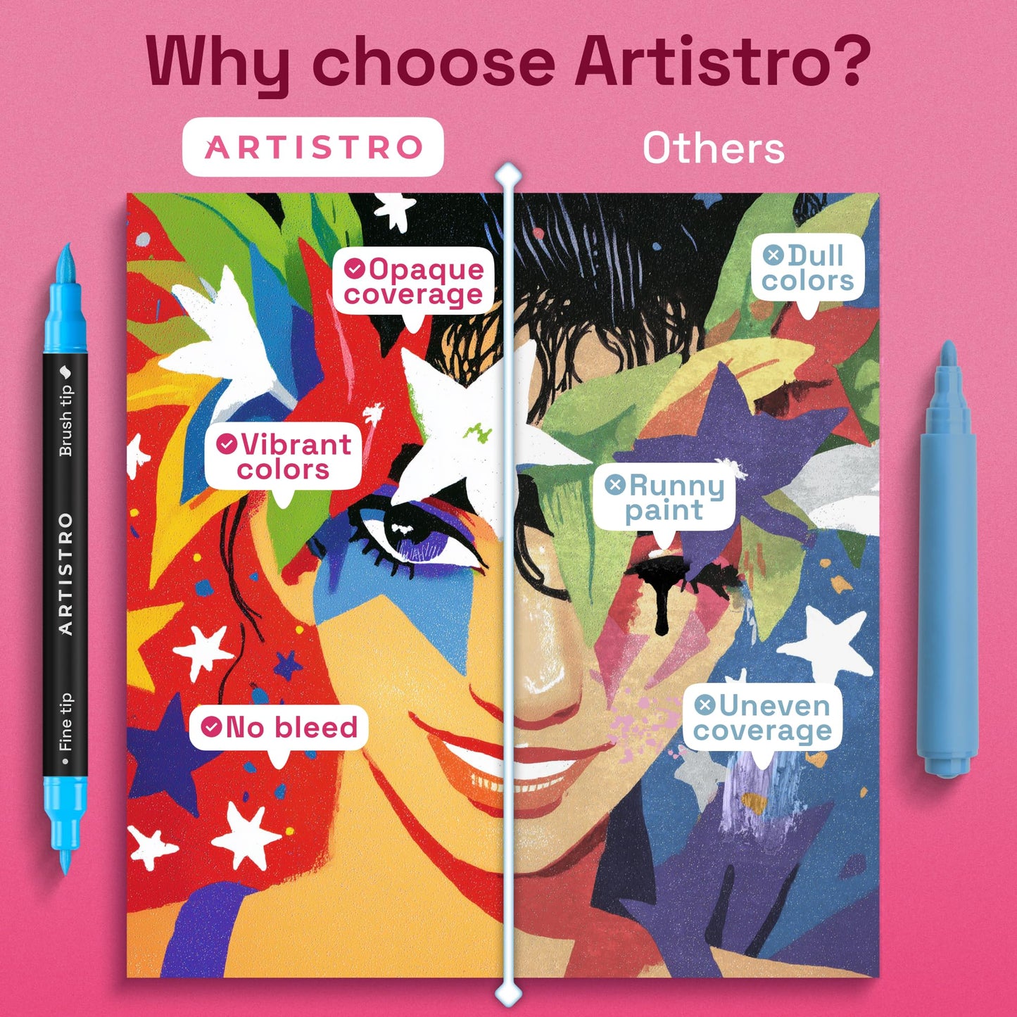 ARTISTRO 36 Acrylic Paint Markers - Paint Pens for Drawing, Brush + Fine Tips - For Fabric, Rock, Glass, Wood, DIY - Art & Craft Supplies for Adults, Teens, Kids - Teacher Appreciation Gift