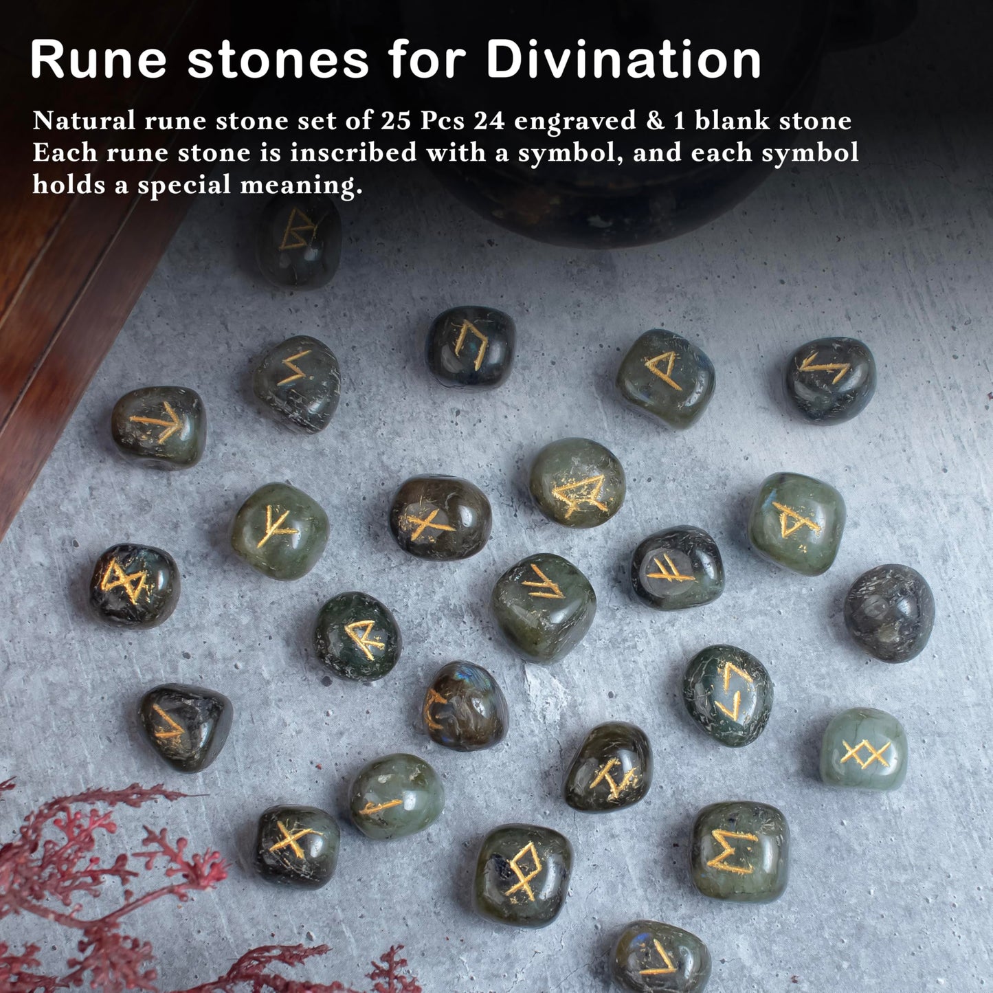 Crocon Labradorite Rune Stones Set Engraved with Elder futhark Crystal Runes Set, Reiki Healing runas for Meditation Chakra Balancing, Rune Stone for Beginners with Crystal Guide & Pouch (15-20 mm)