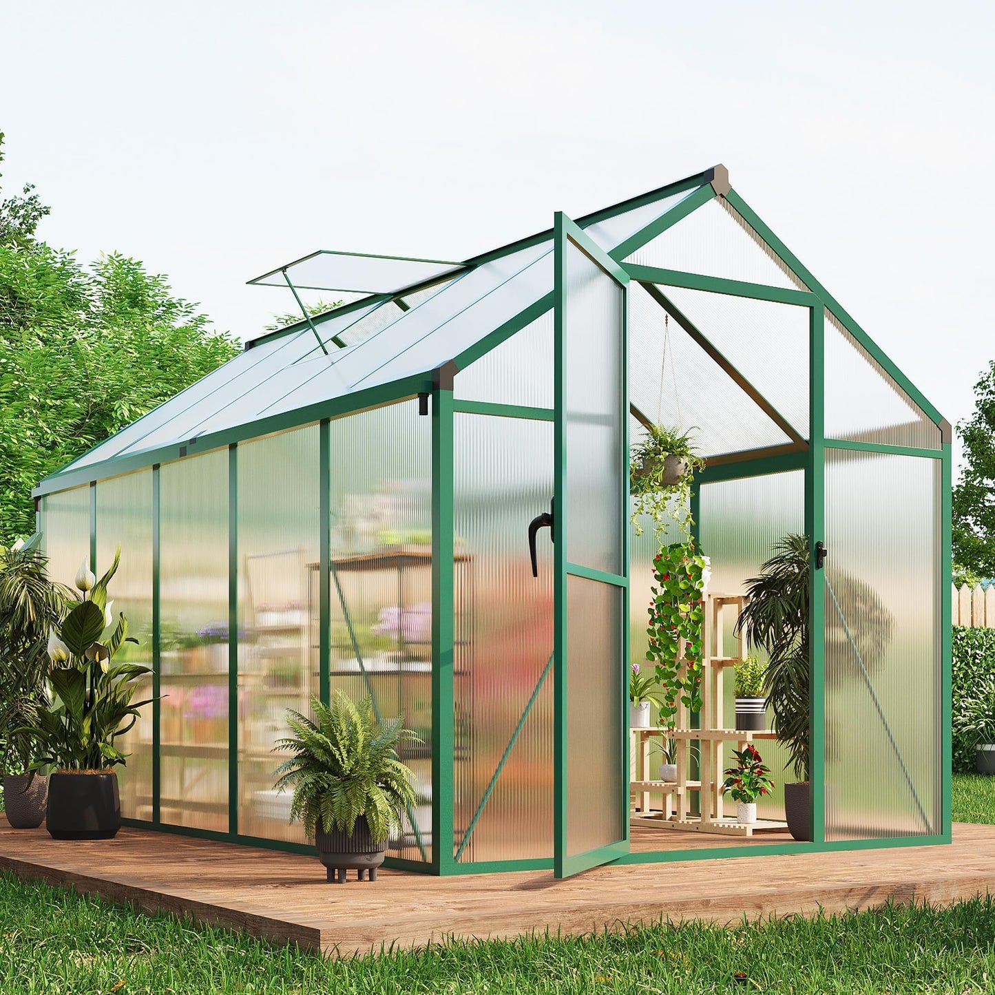 6X10 FT Greenhouse for Outdoors, Polycarbonate Flower Greenhouse with Roof Vent, Push-Pull Lockable Door, Aluminum Walk-in Greenhouses for Outside Garden Backyard, Patio, Lawn, Green