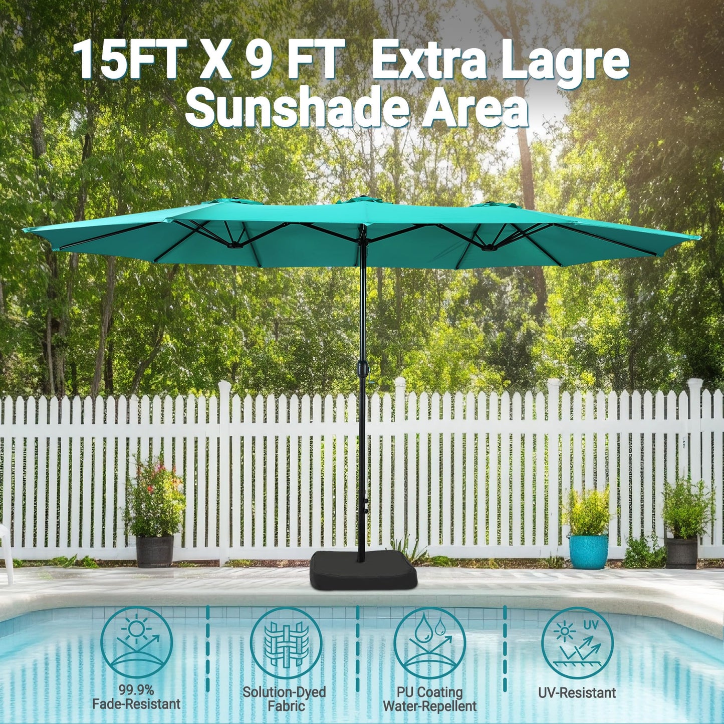 Bigroof 15ft Patio Umbrella with Base, Large Outdoor Double-Sided Market Umbrella with Terylene Polyester Fabric and Crank for Poolside Garden Deck Backyard Beach Pools (Turquoise)