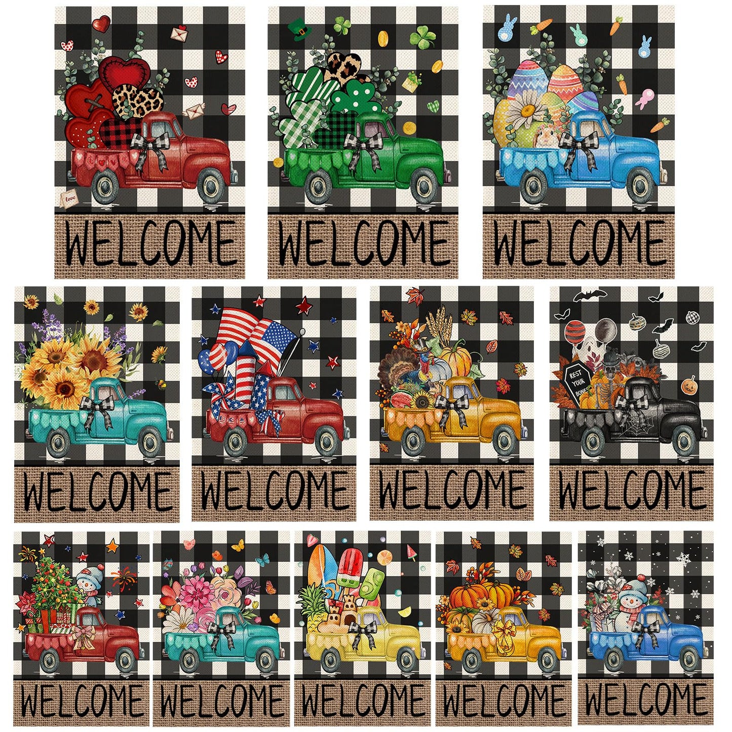 YOVOYOA Rustic Truck Buffalo Plaid Garden Flags for Outside Set of 12, Welcome Seasonal Garden Flags 12x18 Double Sided, Car Holiday Lawn Flags, Winter Spring Outside Decorations for Yard